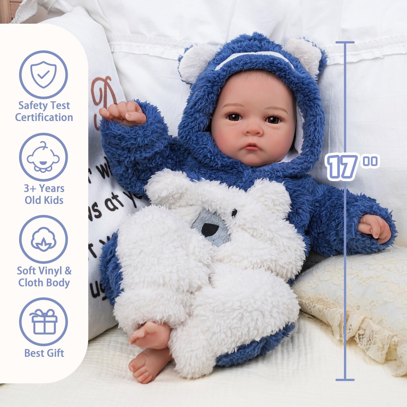 BABESIDE Reborn Babypuppe Wie Echtes Baby - 17 Zoll Vin-yl Stoff Körper Lebensechte Schlafen Babypuppen Junge Mit Weichem Körper Alive Puppe