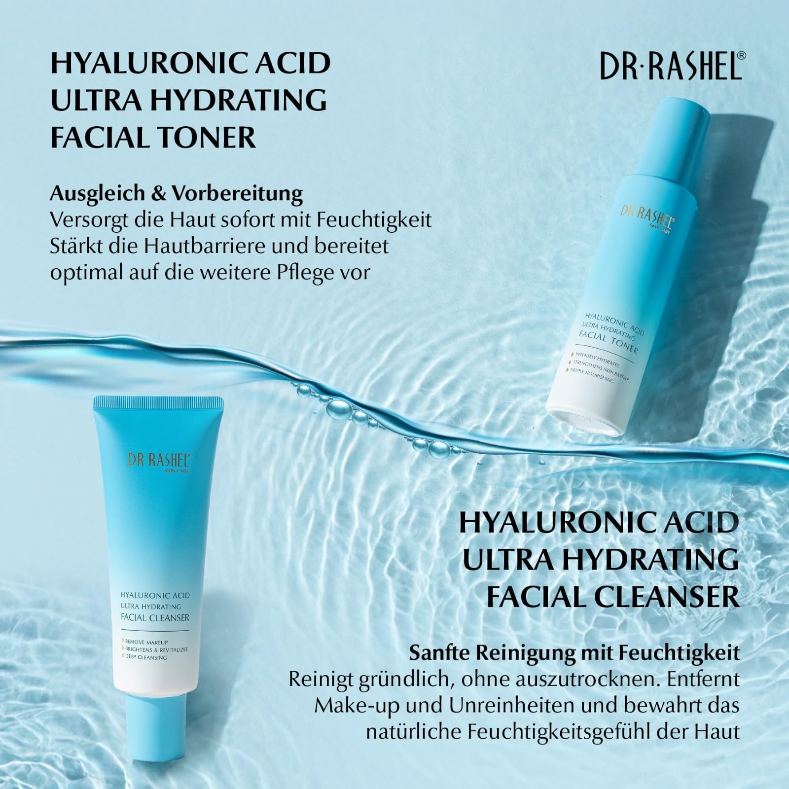 Hyaluronsäure Gesichtspflege Set 5-teilig - Anti-Falten Hautpflege mit Serum, Tagescreme, Nachtcreme, Reinigungsgel, Toner + SPF 50 Sonnenschutz - Anti-Aging, Hautpflege Hyaluronic Acid Geschenkset