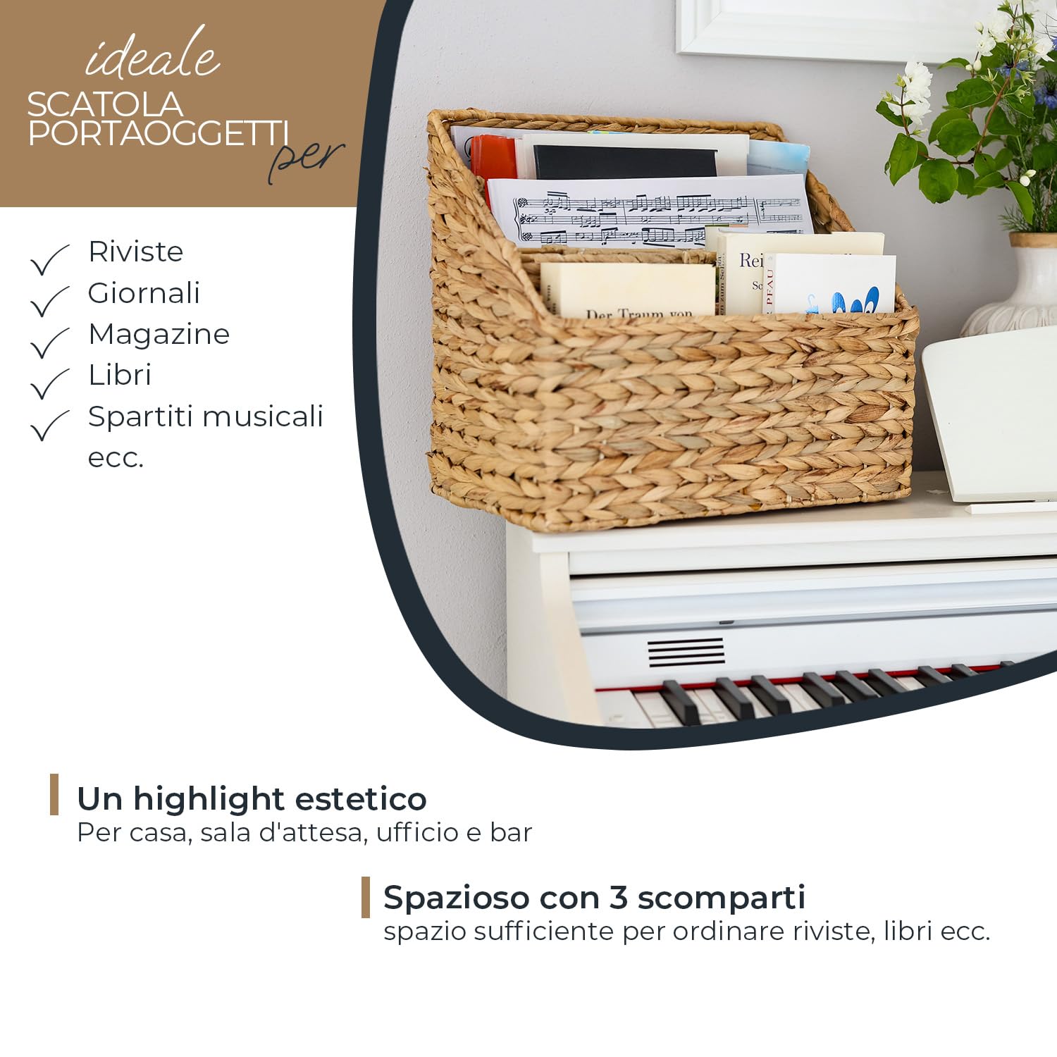 HMF Portariviste da terra, Porta riviste per Cataloghi e Giornali, intrecciato in Giacinto d'acqua | 3 Scomparti | 35 x 24 x 32 cm