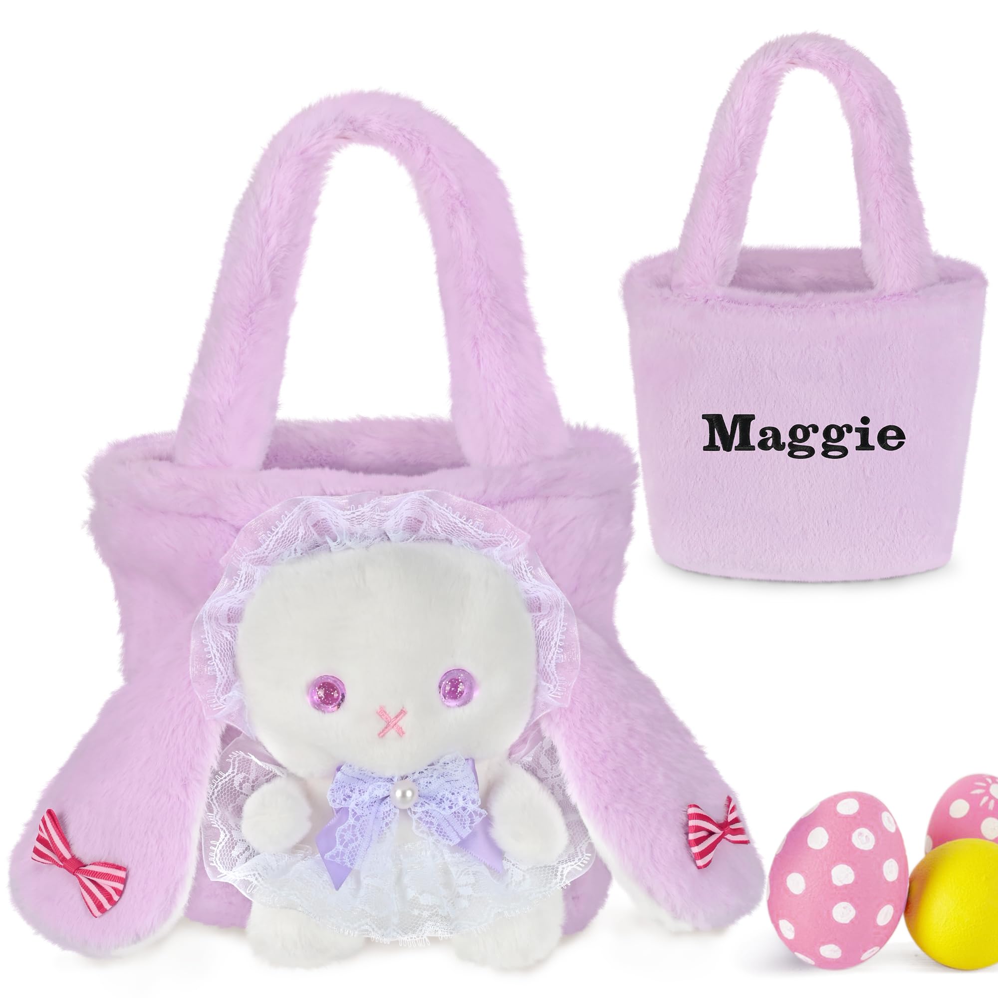 Personalized Easter Basket, PEMIRSAYO Easter Baskets for Kids, Bunny Easter Basket, Easter Egg Hunt Basket, Idea Easter Gifts, Easter Egg Basket - Purple Bow