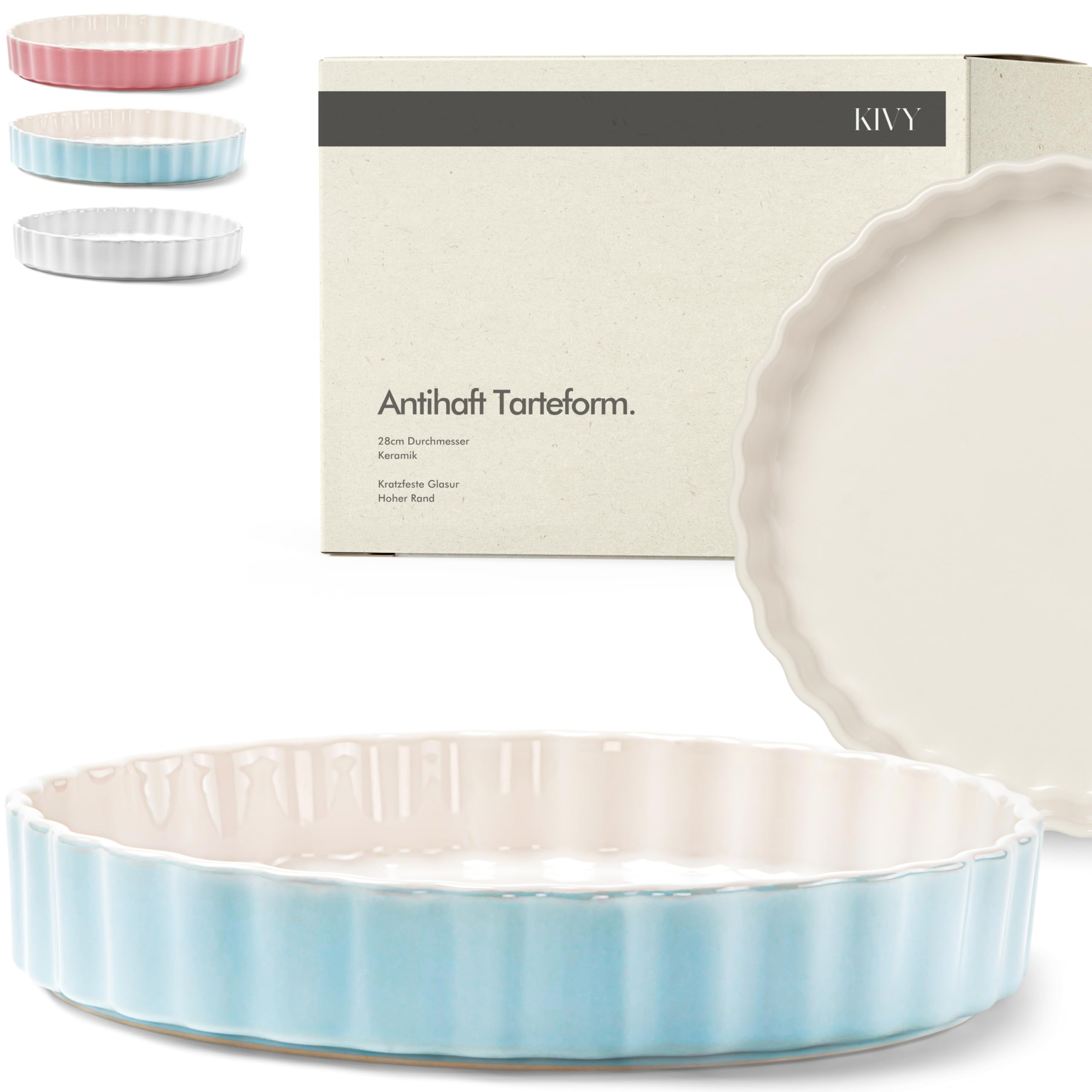 KIVY Quicheform Keramik 28cm - Antihaftbeschichtete Tarteform 28 cm rund - Tarteform Keramik 28 cm - Tarteformen & Quicheformen - Pie Form - Quiche Backform - Quicheform 28cm Blau