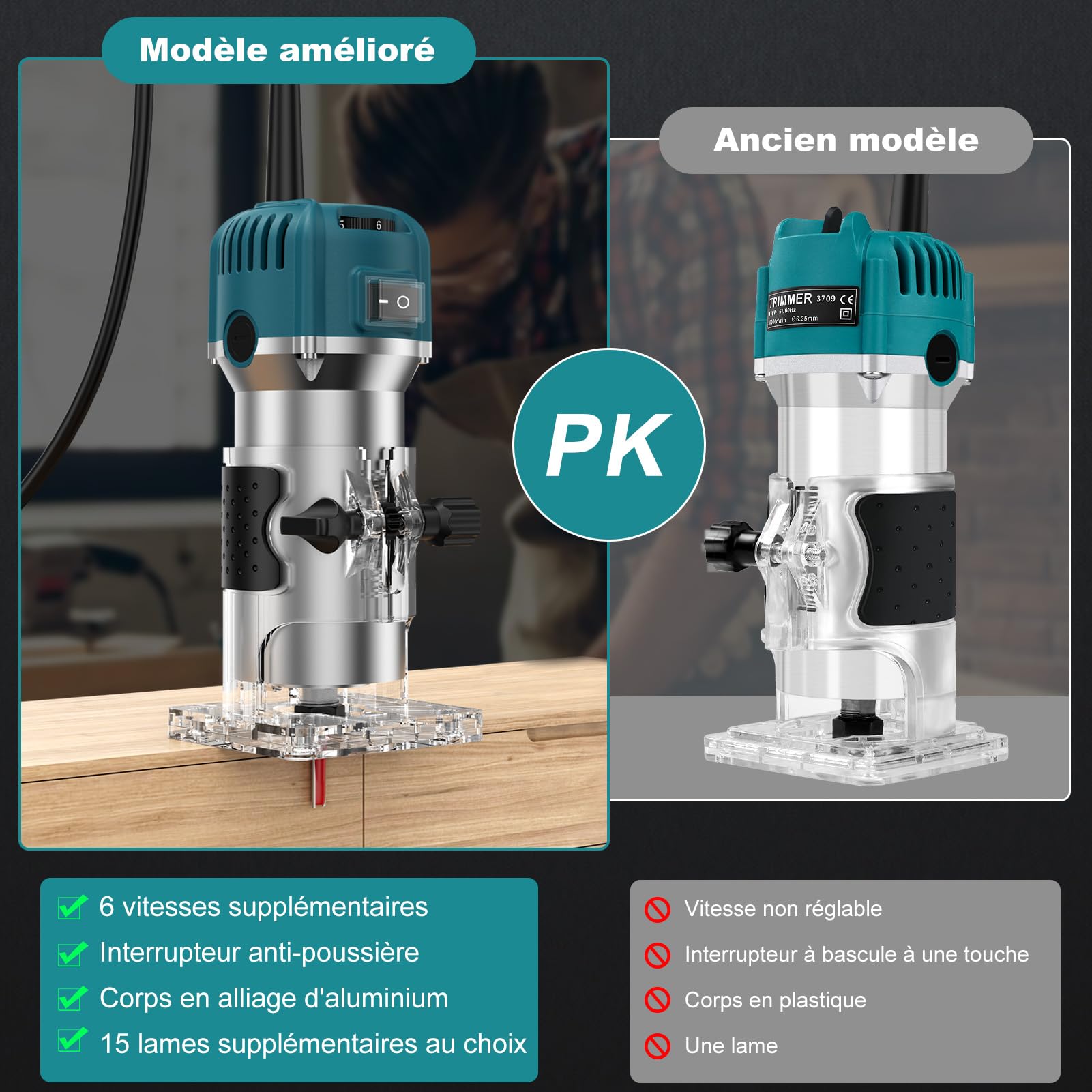 Défonceuse à Bois Affleureuse Électrique 800W 30000RPM, Routeur à Bois Électrique avec 15 Fraises à Défoncer Queue de 1/4", Pinces de 6,35mm, 6 Vitesses Variables