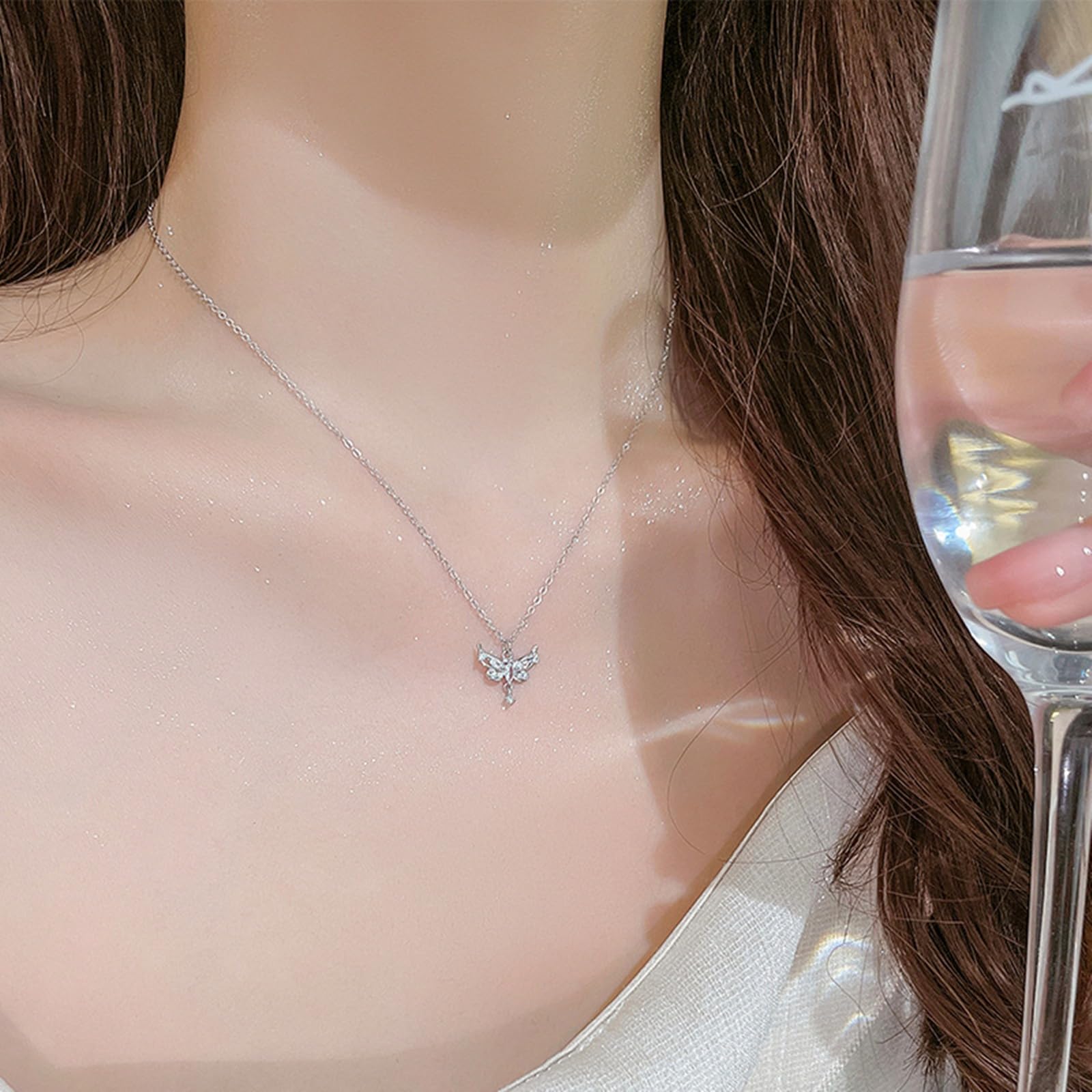 Collar de oro blanco de 18 quilates con alas de ángel para mujer, cadena de oro blanco de 9 K, 14 y 18 quilates con moissanita, collar de madre de cable alargado para mujer, 40 + 5 cm