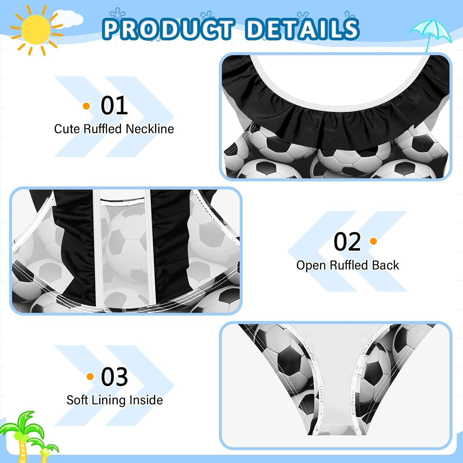 visesunny Girls One Piece Swimsuits Ruffle Swimwear Realistic 3D Soccer Pattern Bathing Suits for Girls 3-6Y