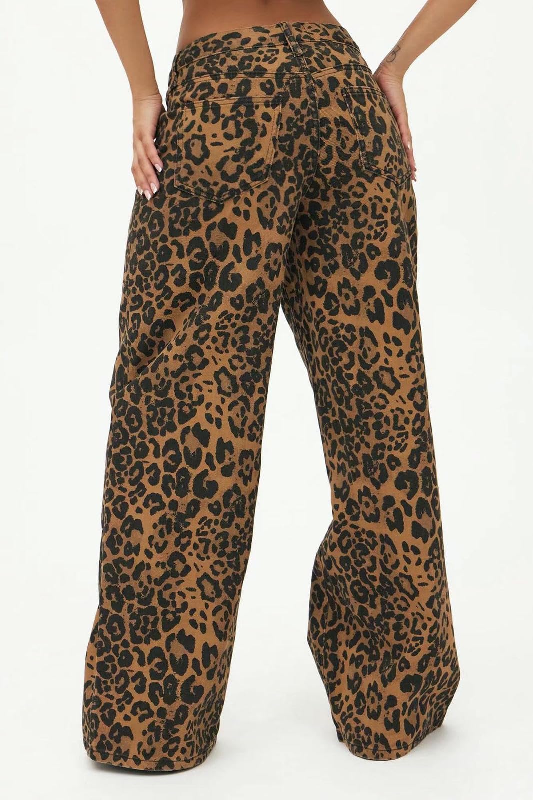 Jeans Donna A Gamba Larga Casual Jeans-Stampa Leopardo-XS
