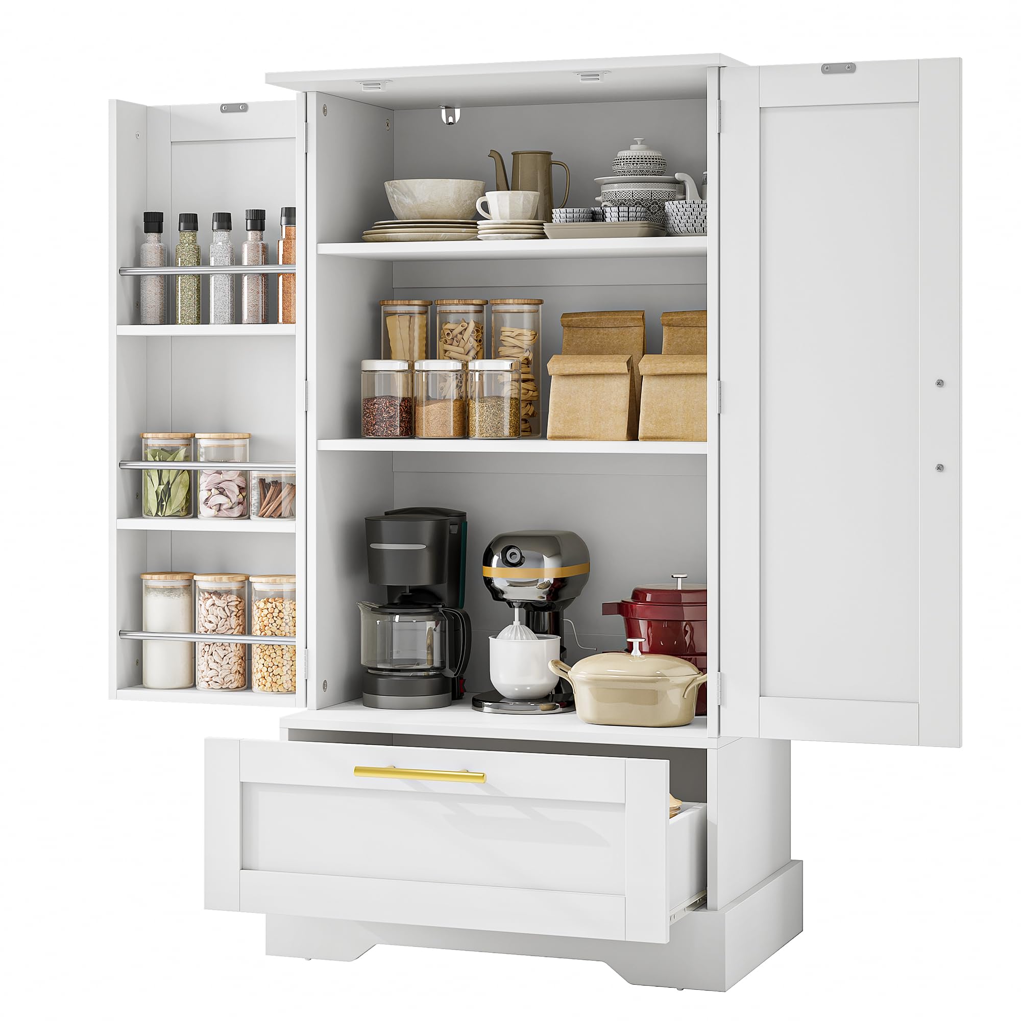 YITAHOME Küchenschrank Weiß 60x40x110cm, mit Türregal&Schublade | 3-stöckiges Gewürzregal linkes Türinnere, 2 verstellbare Böden + 1 große Schublade, flexibel für Töpfe, Geschirr, Vorräte