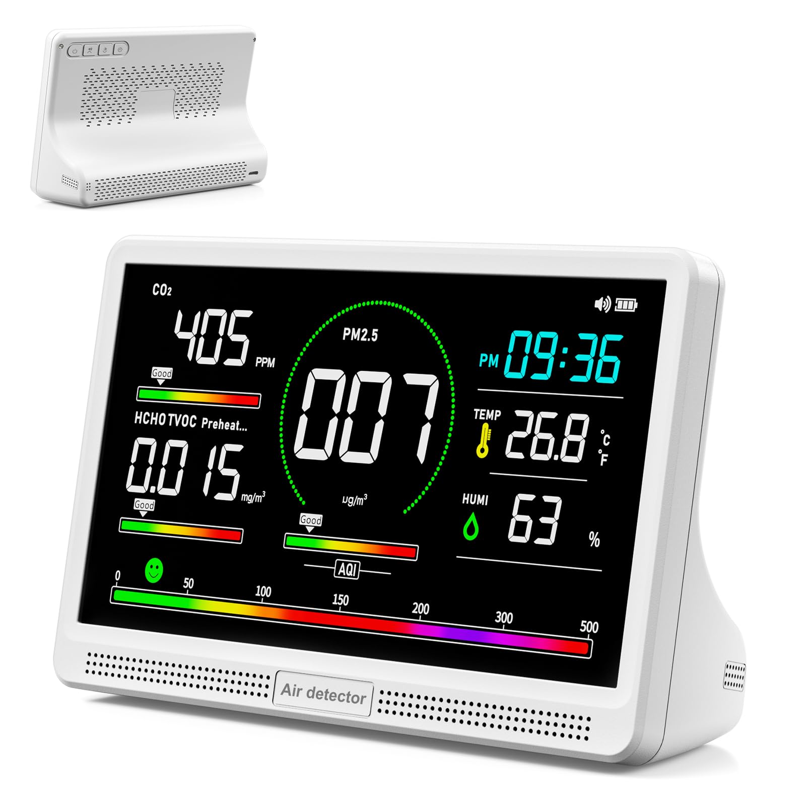 16 in 1 Air Quality Monitor Indoor 7" Display 9 AQI+7 AQI Alerts,Portable Air Quality Tester CO2, TVOC, PM2.5 PM1.0 PM10, HCHO Temperature Humidity AQI & Time Air Quality Meter for Home-image-33