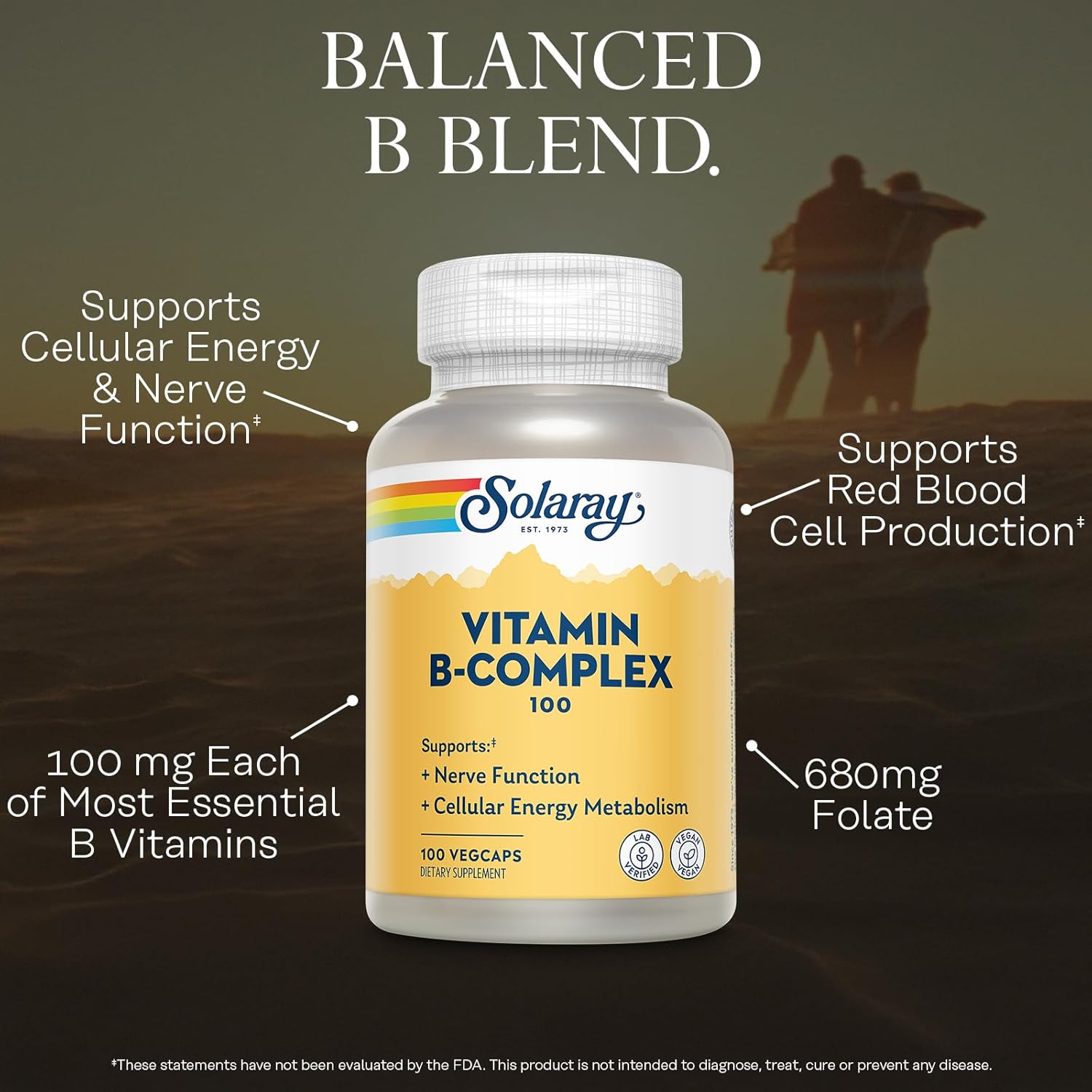 SOLARAY Vitamin B Complex 100mg - Cellular Energy, Nerve and Heart Health Support - Supplies All 8 B Complex Vitamins - Vitamin B12, B1, B2, B3, B6, Niacin, Folic Acid and Biotin - Vegan, 100 Servings