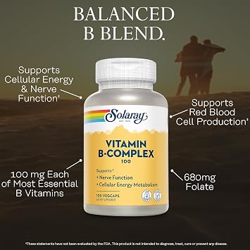 SOLARAY Vitamin B Complex 100 mg, 100 VegCaps | Cellular Energy, Heart, Nerve & Red Blood Cell Support - Complete B Complex with Choline & Inositol - 100 Servings - Vegan
