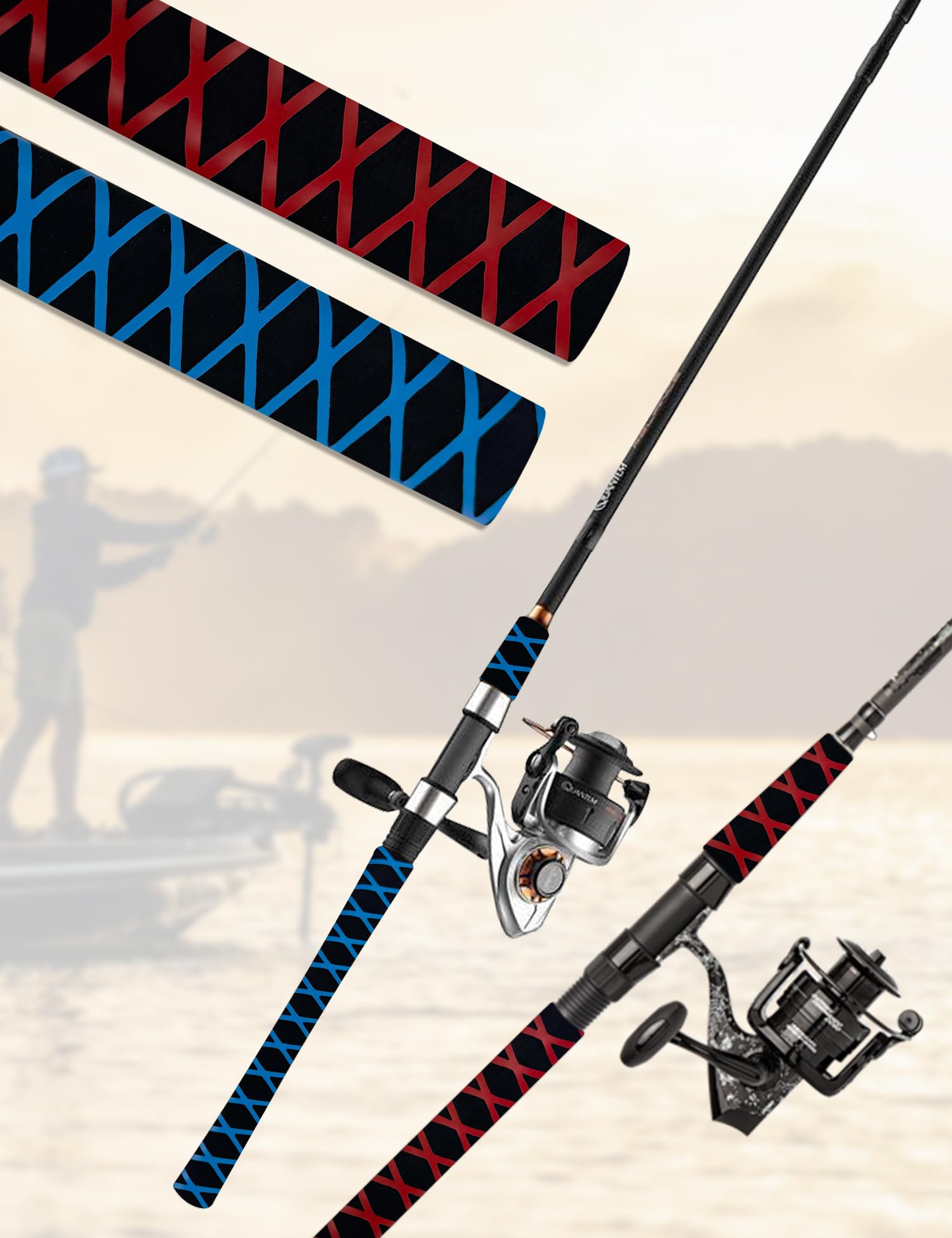 Accering Guaina termorestringente a 2 tonalità, base nera con design blu, impugnatura per canna da pesca da 40 mm, antiscivolo, antistatica, per manici multiuso