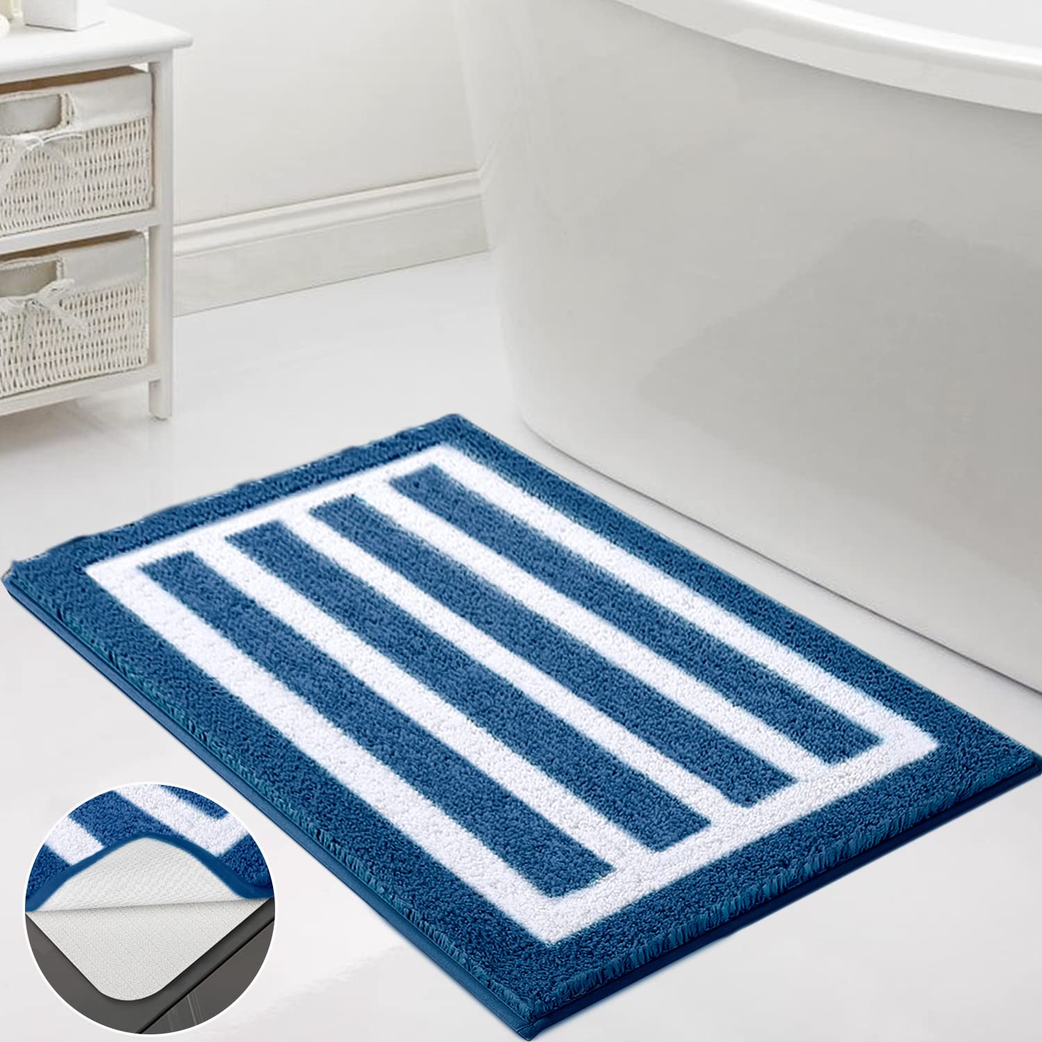 ZOKBOM Non Slip Bath Rugs 50 x 80 cm,Microfiber Bath Mat With Double Layer Anti Slip,Luxury Soft Plush Bathroom Rug Machine-Washable,Super Absorbent Floor Mat for Bathroom Bathtub (Navy Blue)