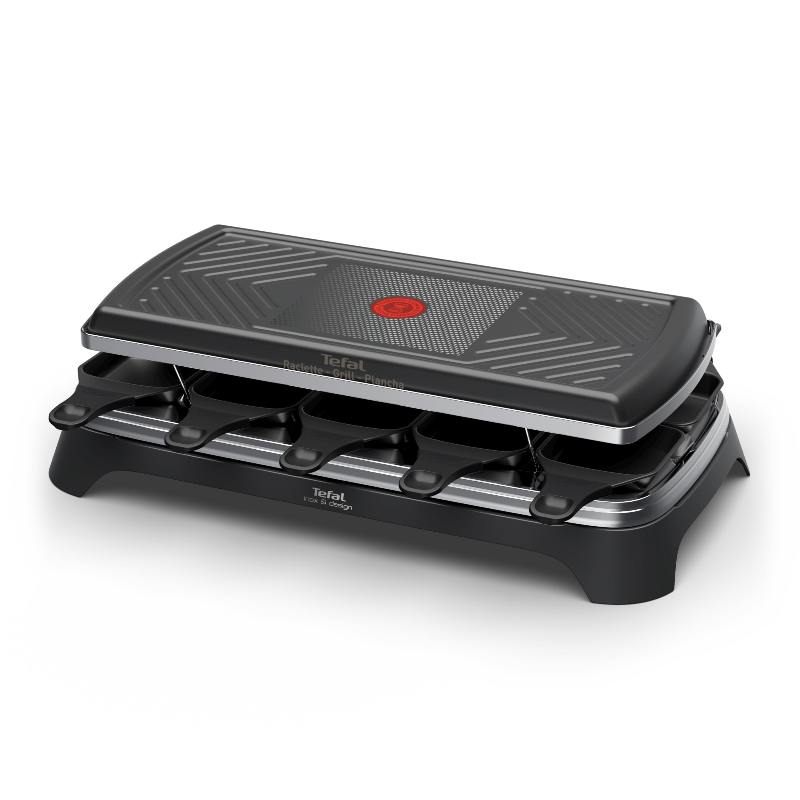 Tefal Raclette 3-in-1 Raclette-Grill & Plancha, Thermo-Signal, antihaftbeschichtete Platte und Pfännchen, einfache Aufbewahrung, inkl. Zubehör für bis zu 10 Personen, Schwarz, RE458NF0