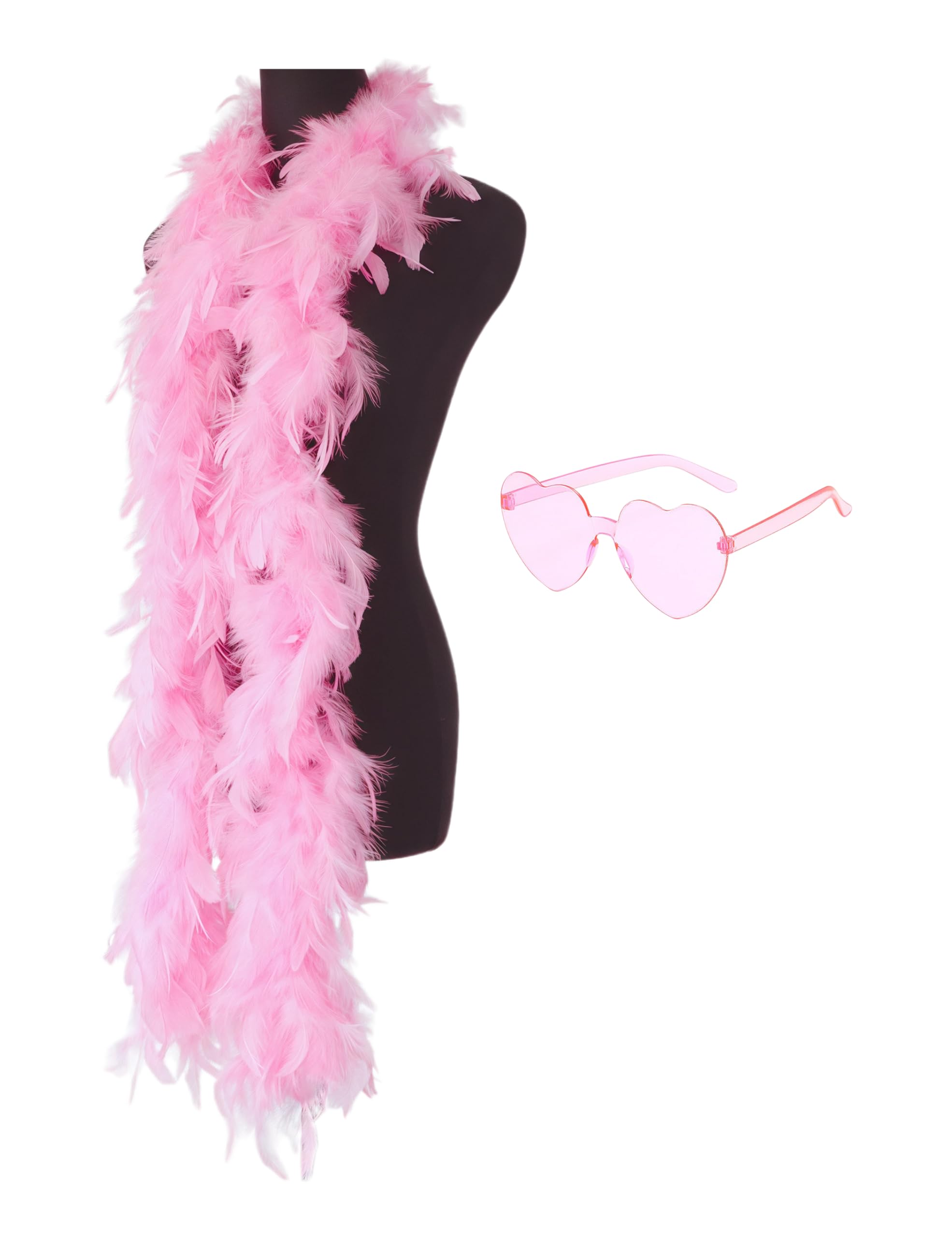 JICASTO Colorful Feather Boas, 6.6ft Feather Boa for Women for Dancing Wedding Party Cosplay Halloween,with Heart Rimless Sunglasses, Pink