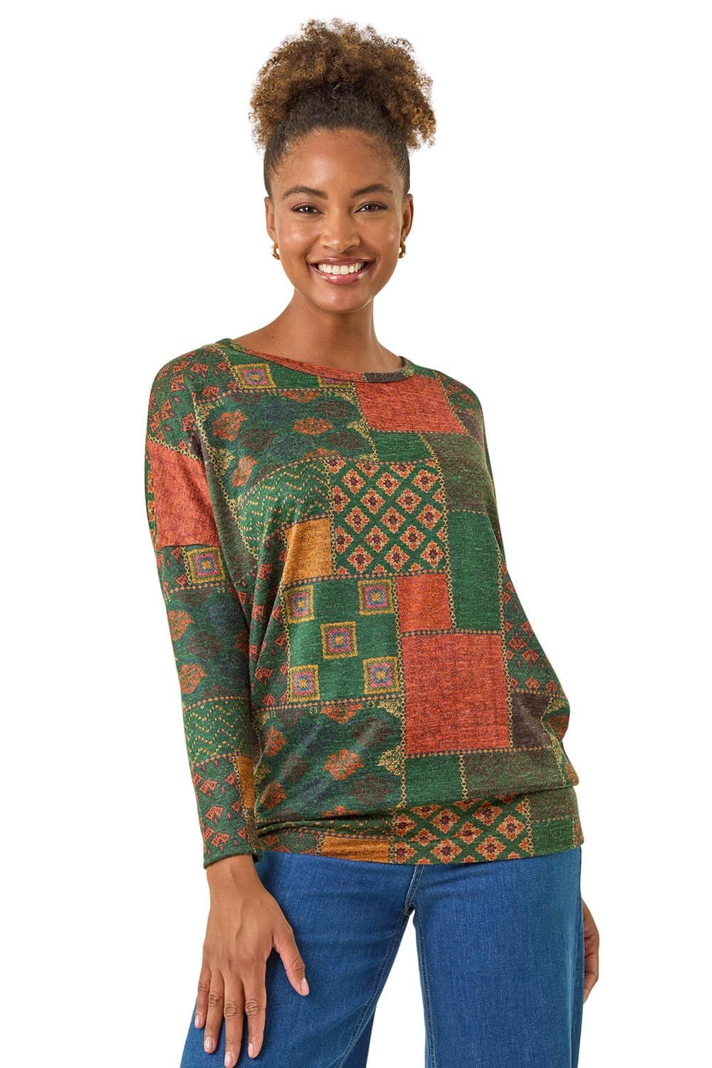 Roman Blouson Top for Women UK Ladies Drop Shoulder Long Sleeve Jersey Stretchy Oversized Casual Office Jumper Soft Everyday Sweater Lounge Sweatshirt Blouses - Green Multi - Size 20