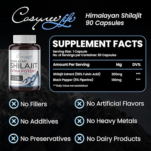Miniatura 5 de SHILAJIT - Himalaya puro, natural, orgánico, 90 unidades, 5% piperina, 56% ácido FULVIC para máxima potencia, más de 85 oligominerales, metabolismo,
