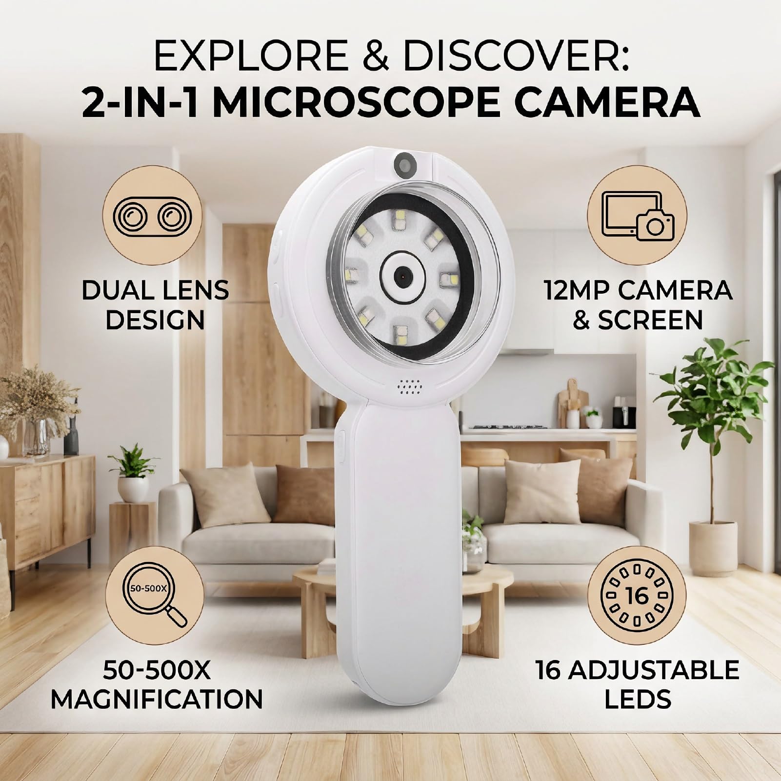 Digitalmikroskop für, Dualobjektiv, 50-500X, 1080P (White)