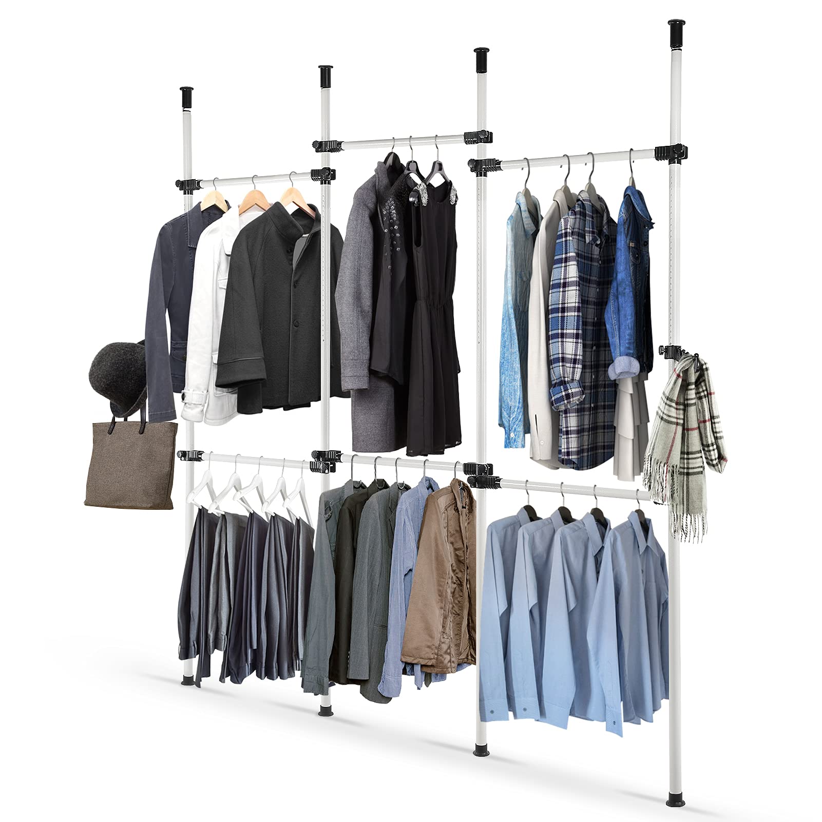 Clothes Rack 4 Poles 6 Bars, Garment Rack for Cupboard Telescopic Coat Hanger DIY Clothes Tidy Rail with Adjustable Width (230-330cm) and Height(246-300cm)
