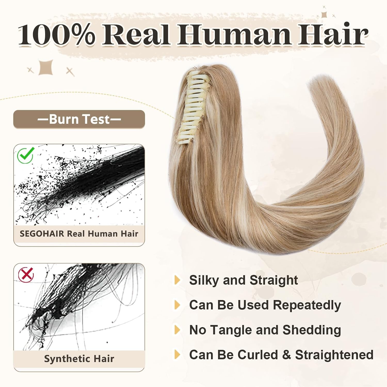 SEGOHAIR Ponytail Extension for Women, Human Hair, Claw Clip, Natural Look, Soft, Ideal for Dates, Weddings, Parties, Gifts - 16 Inches, 109g, #Ash Blonde Mix Bleach Blonde