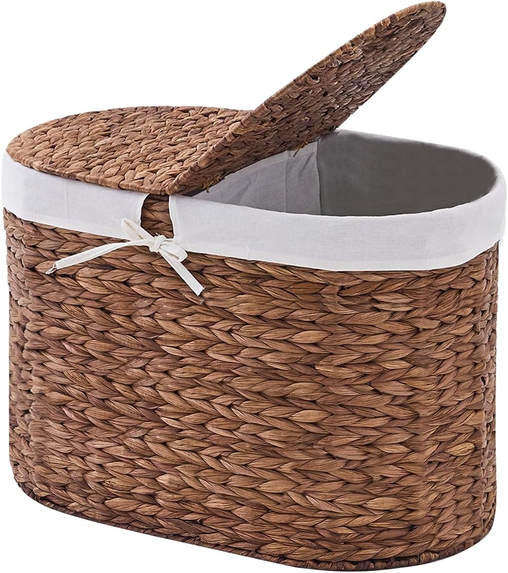 Laundry Hamper with Lid, Handwoven Water Hyacinth Clothes Hamper with Removable Liner Bags, 2 Section Wicker Laundry Basket for Bedroom, Laundry Room and Bathroom(Natural,70L)