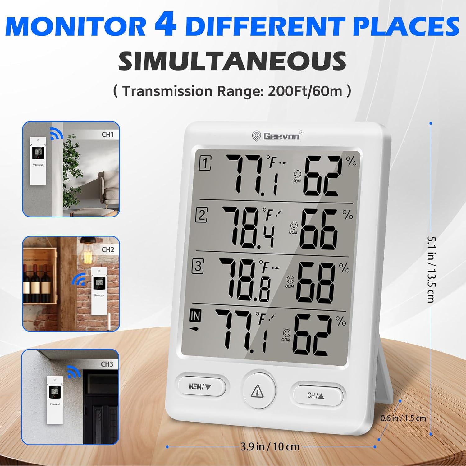Geevon Indoor Outdoor Thermometer Wireless with 3 Remote Sensors, Temperature Humidity Monitor for Home with Comfort Indicator, Temp Alarm, Digital Hygrometer Thermometer Battery Powered