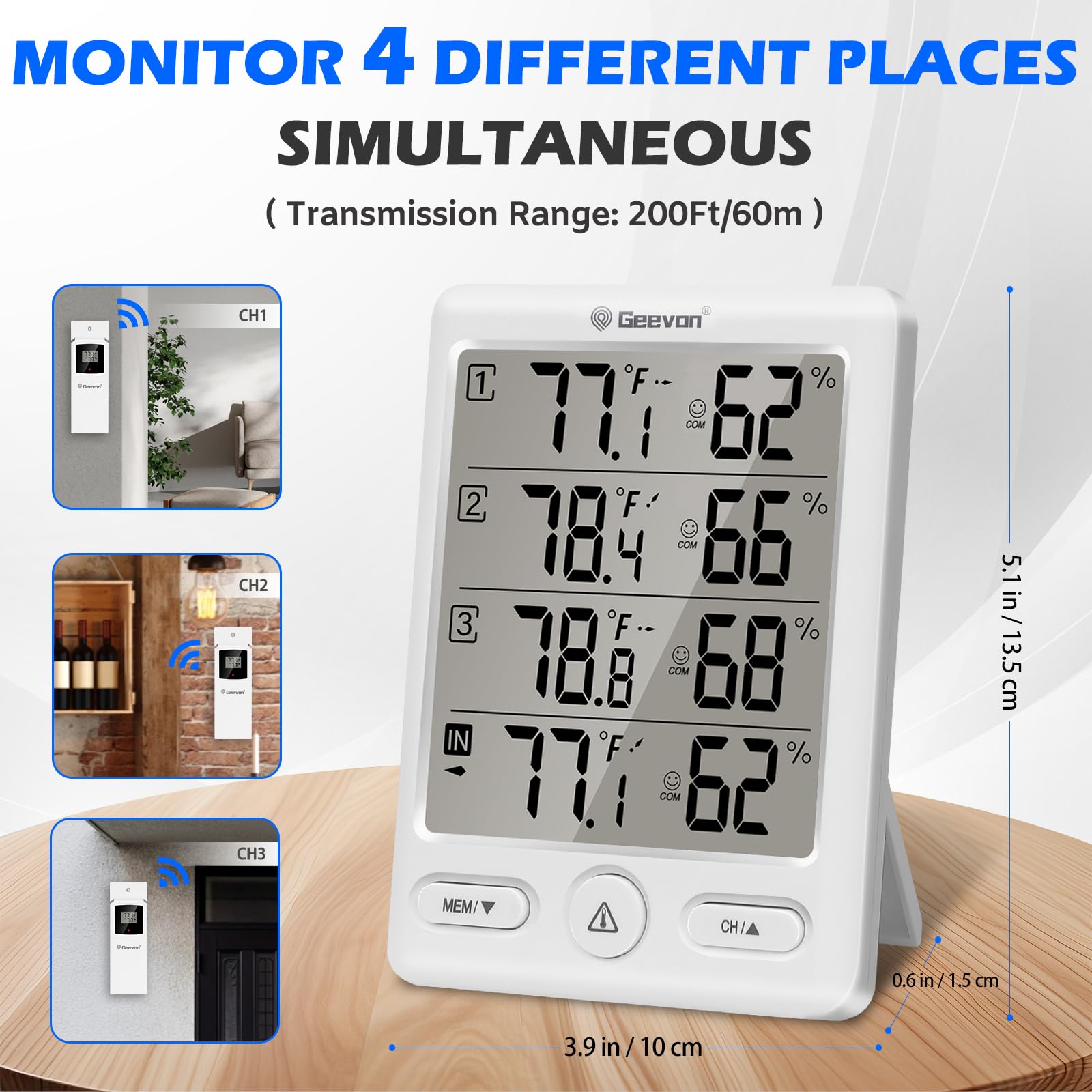 Thermomètre Hygromètre Sans Fil Intérieur/extérieur – Avec 3 Capteurs – Portée 60 M – Alerte Température/humidité – Geevon - 2