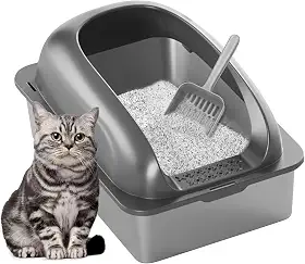 Banheiro Gato Caixa Areia, 60 * 40 * 30cm,Aço inoxidável Caixa de Areia Lavável para Gatos Grande com Peneira, Limpeza Fácil