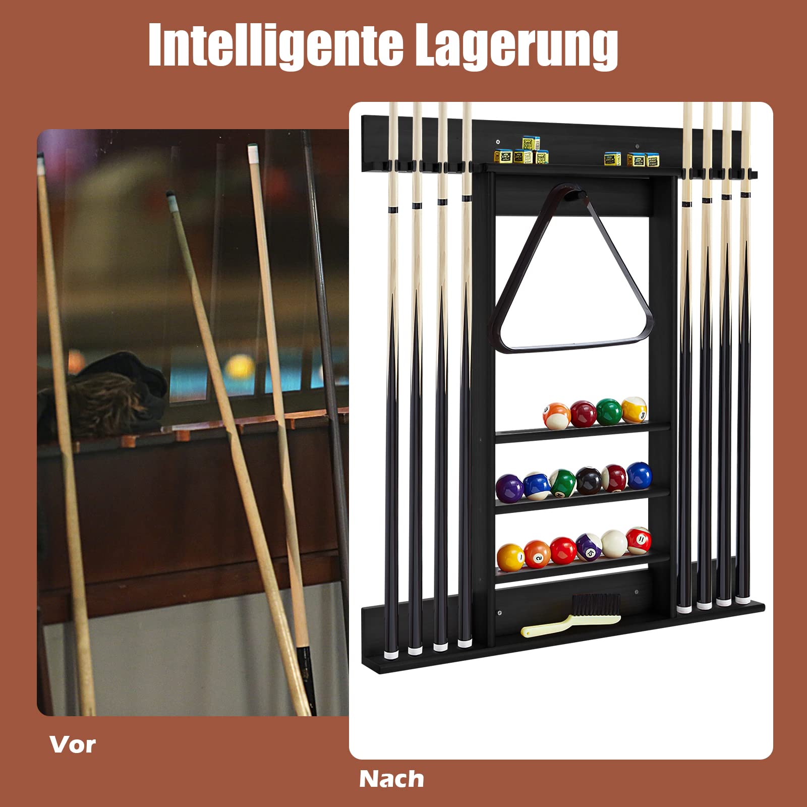 GYMAX Billard Queue Halter für 8 Queues & Billardzubehör, Wandmontierter Queueständer, Billard Queue Halterung aus Kiefernholz, für Billardzimmer & Club, 79 x 8 x 91 cm (Schwarz)