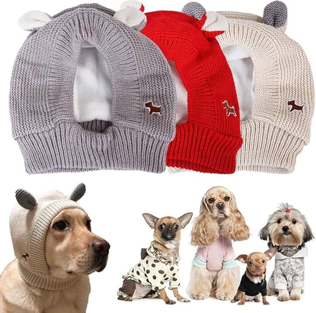 Infispace Super Warm Pet Woolen Cap| Pet Hoodie Head Cover, Warm Cotton Pet Hat Headgear Pets| Soothing Ear Protector for Calming Pet/Aid Sleep/Protection Against Cold (Red)