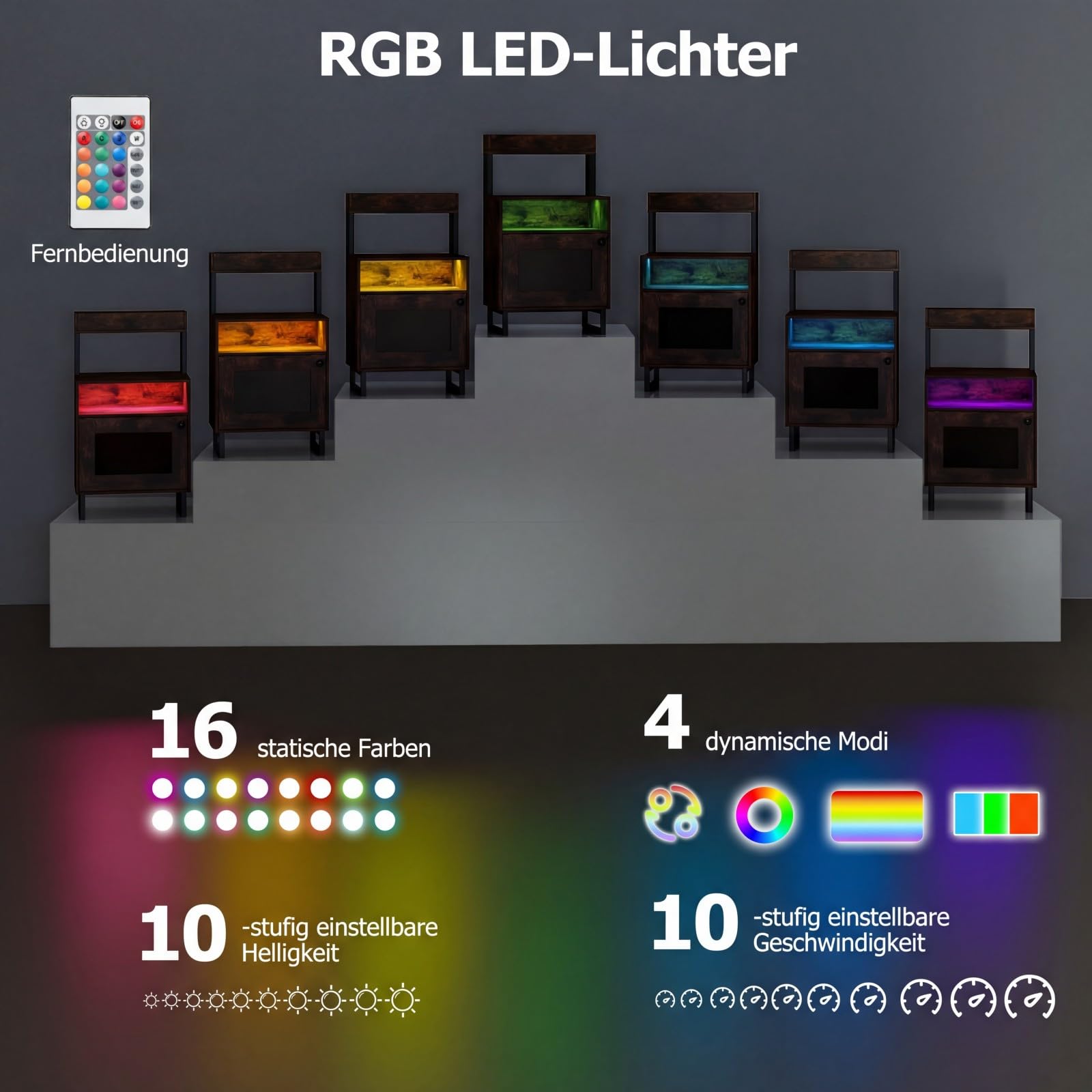 COSTWAY Nachttisch mit LED, Nachtschrank mitmit oberem Tablett, offenem Fach & Aufbewahrungsschrank & Tür, Beistelltisch für Wohnzimmer & Schlafzimmer (Braun,1)