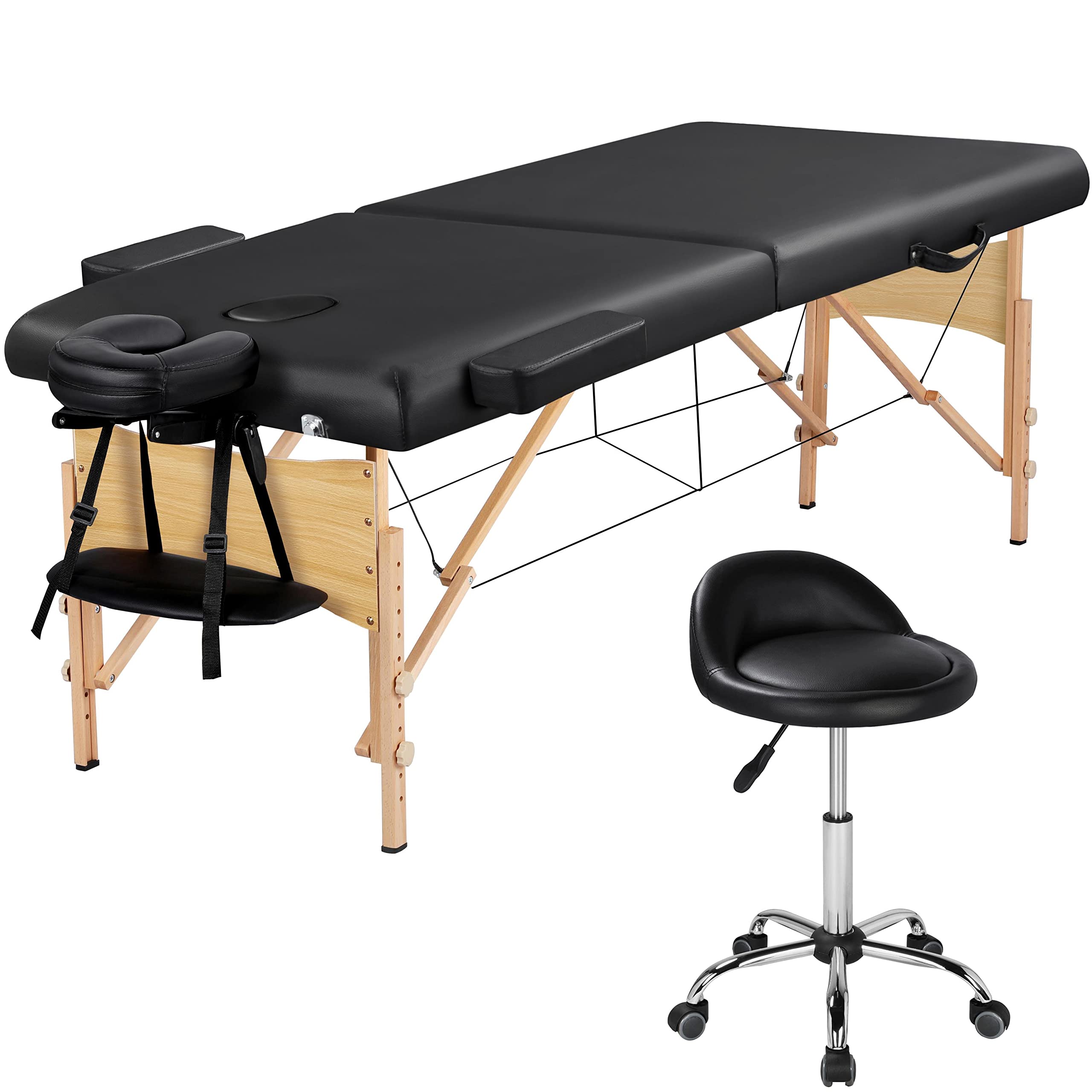 Yaheetech Massageliege Set 2 Zonen Massagebett mit Buchenholzbeinen klappbar Massagebank 70 cm Breit & Höheverstellbar Drehhocker Massagehocker