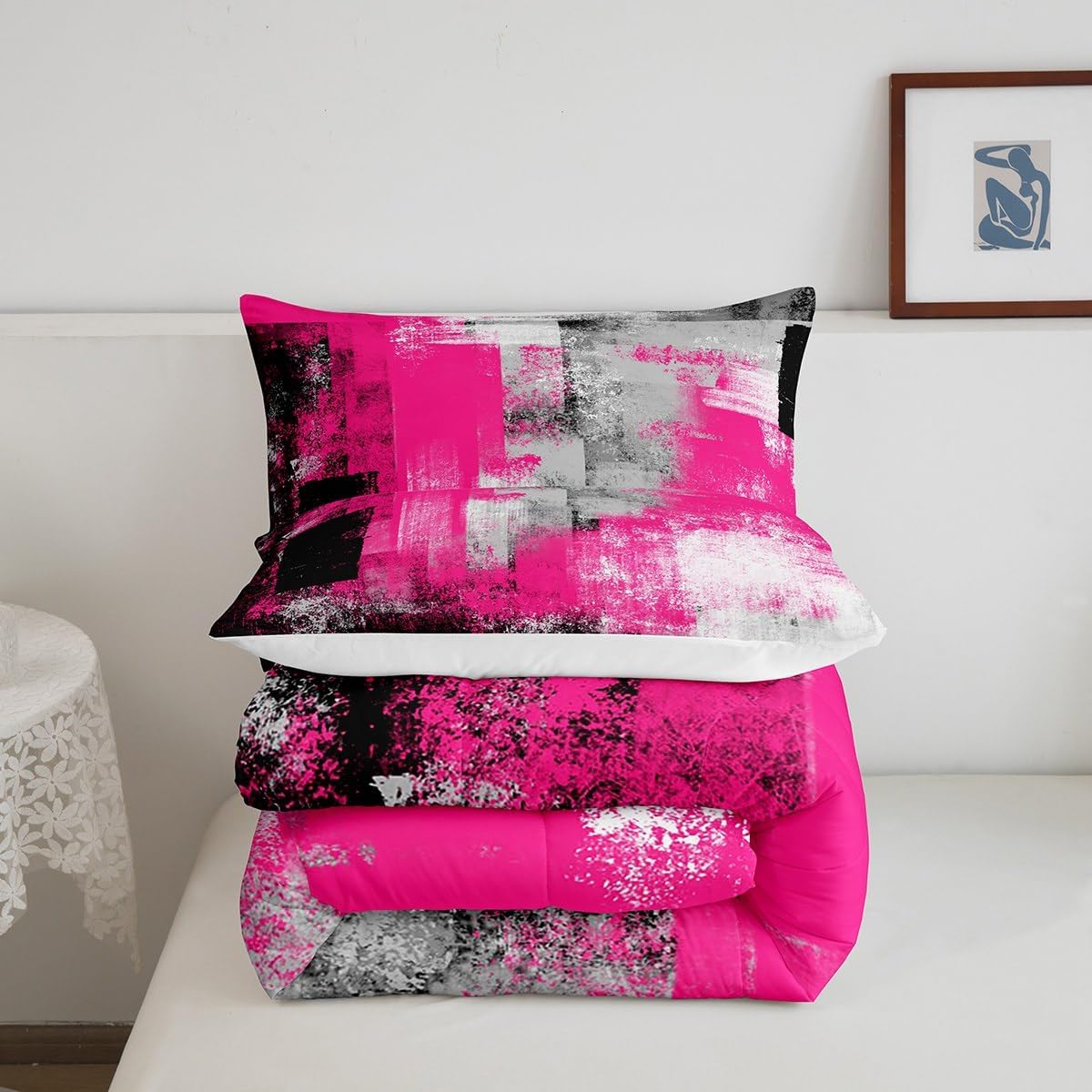 Feelyou Hot Pink Grey Bedding Set Boys Girls Queen Size Abstract Geometric Comforter Set for Kids Ultra Soft Geometric Comforter Buffalo Check Duvet Set Room Decor Quilt Set