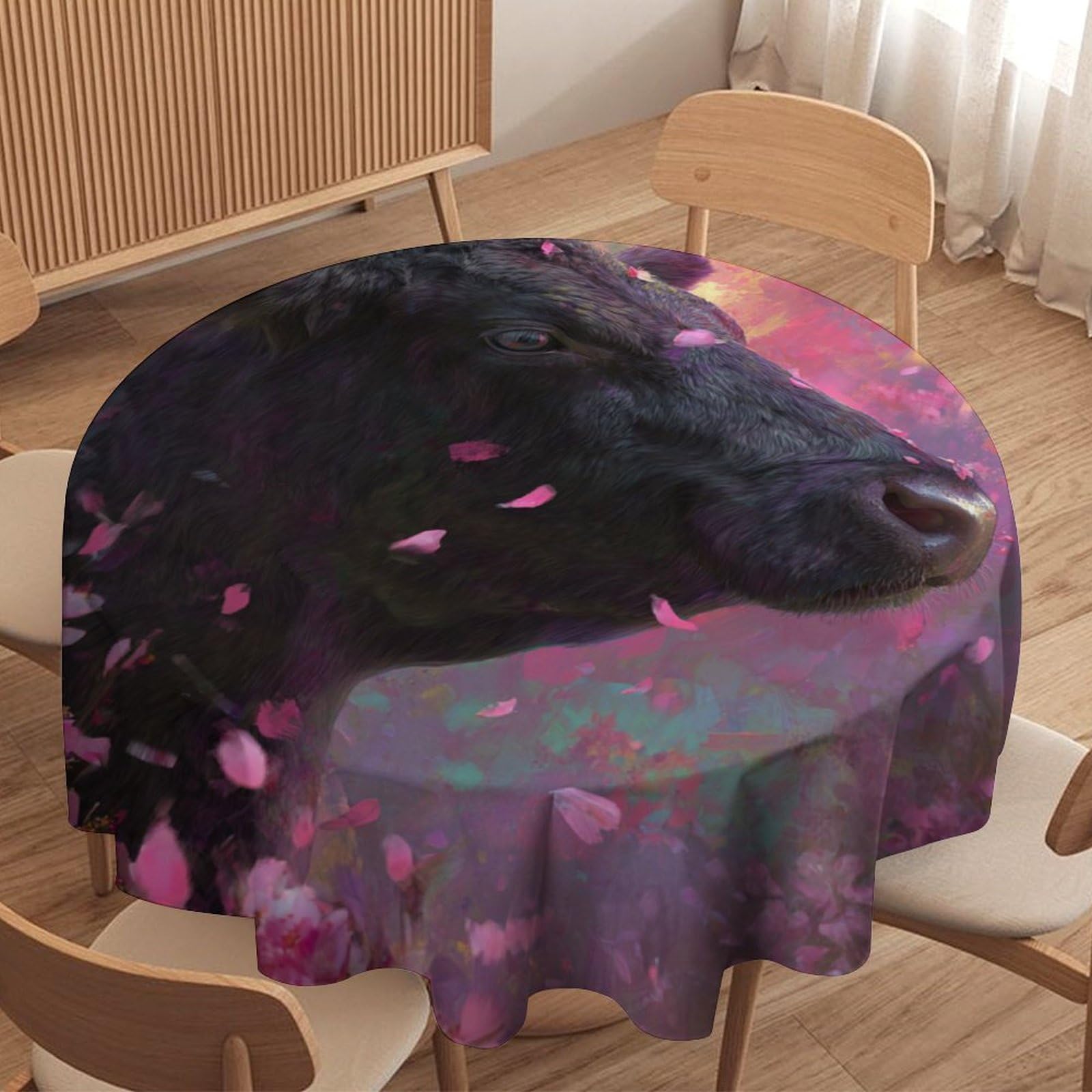 LUYYSKY Modern Classic Black Cow Waterproof Round Tablecloth Colorful Watercolor Plant Cherry Blossom Floral Animals Cow Pattern Washable Table Cover for Kitchen-177.8" Wx177.8 L cm
