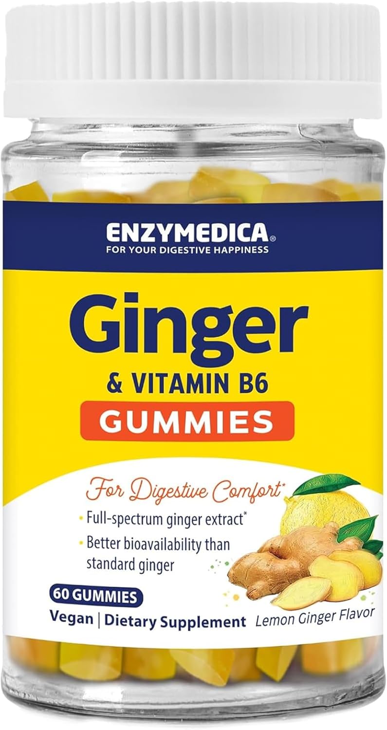 Enzymedica Ginger Root & Vitamin B6 Gummies for Women & Men, Support for Occasional Nausea, Helps Digestion, Vegan, Gluten Free - 60 Count