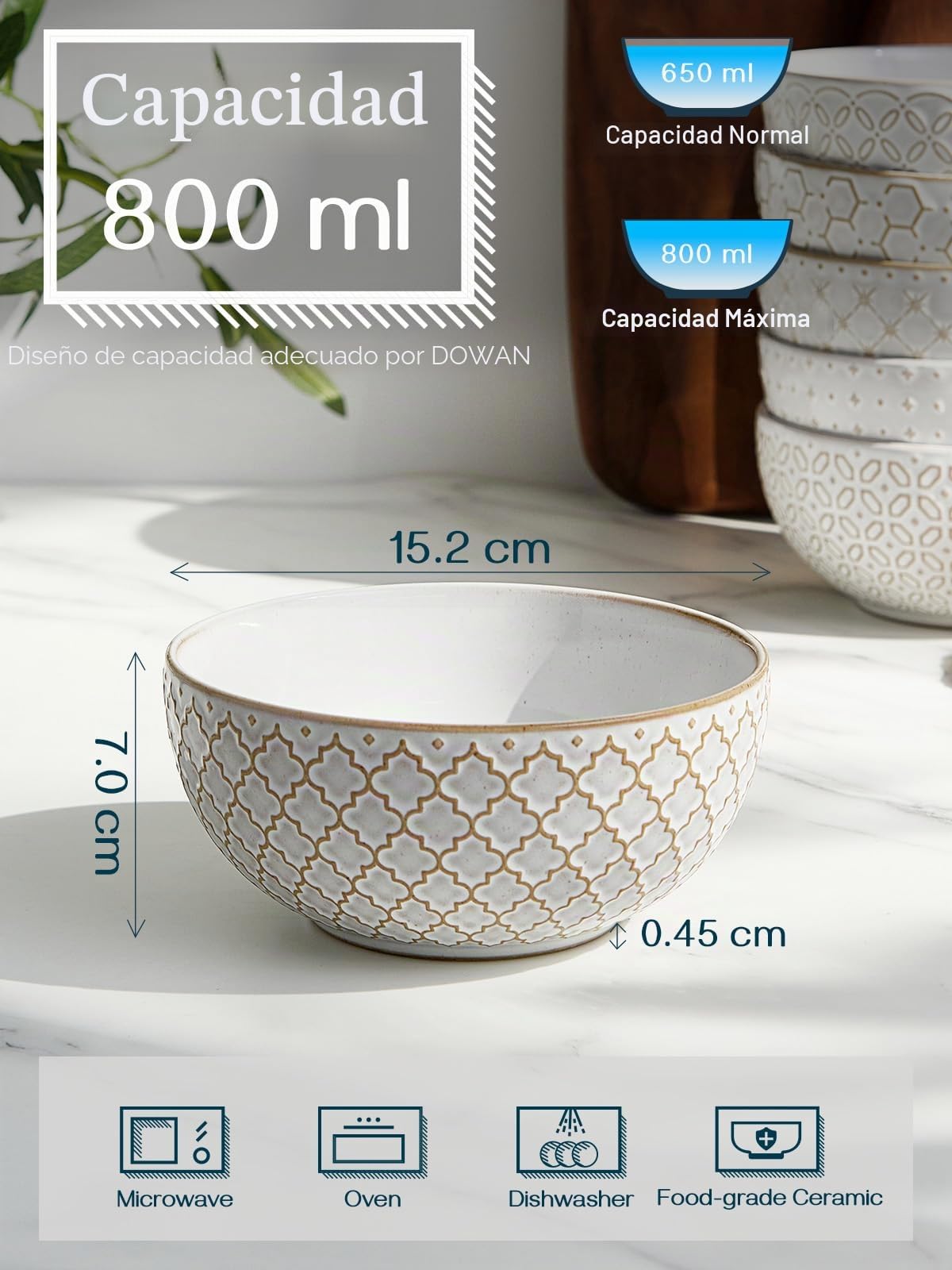 DOWAN Cuencos para Cereales, 800ml Juego de 6 Grandes Cuencos para Sopa, Φ15.2cm Cuencos de Cocina con Relieve para Avena, Ensalada, Pho, Frutas, Fideos, Ramen | Vintage Blanco