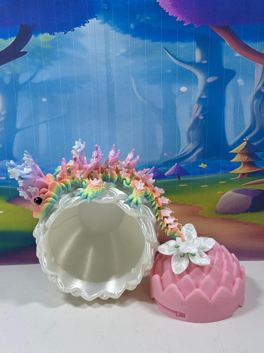 Baby Dragon and Dragon Egg, 3D Printed Baby Dragon, 6" Rainbow Cherry Blossom Dragon, Fidget ADHD Autism Toy BD004-MAC-WPE