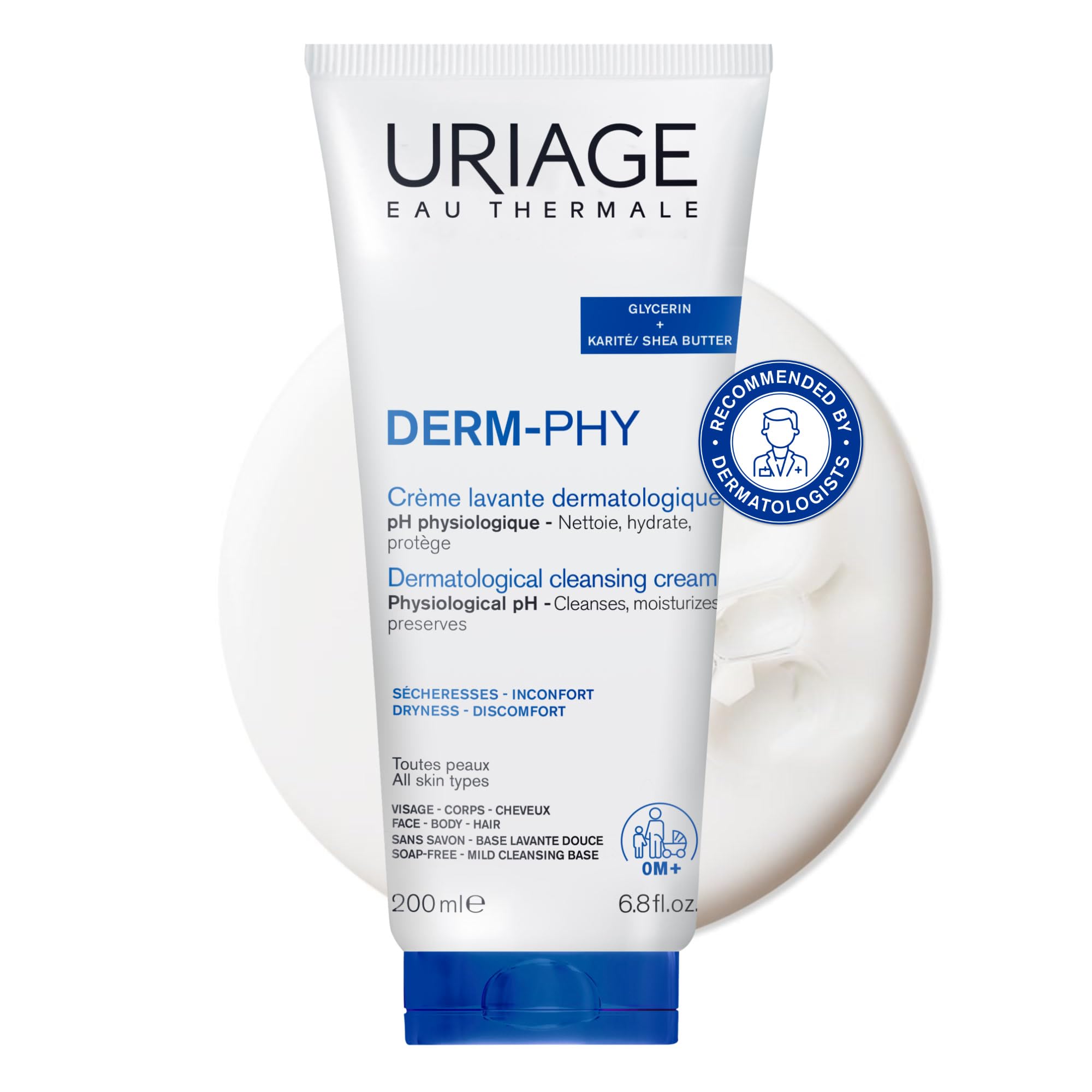 Uriage Derm-Phy Cleansing Cream 200mL - Moisturizing Body Cleanser with Shea Butter - 2-in-1 Cleansing & Nourishing - Face, Body & Hair - 92% Natural Origin, Paraben & Soap-Free - Physiological pH