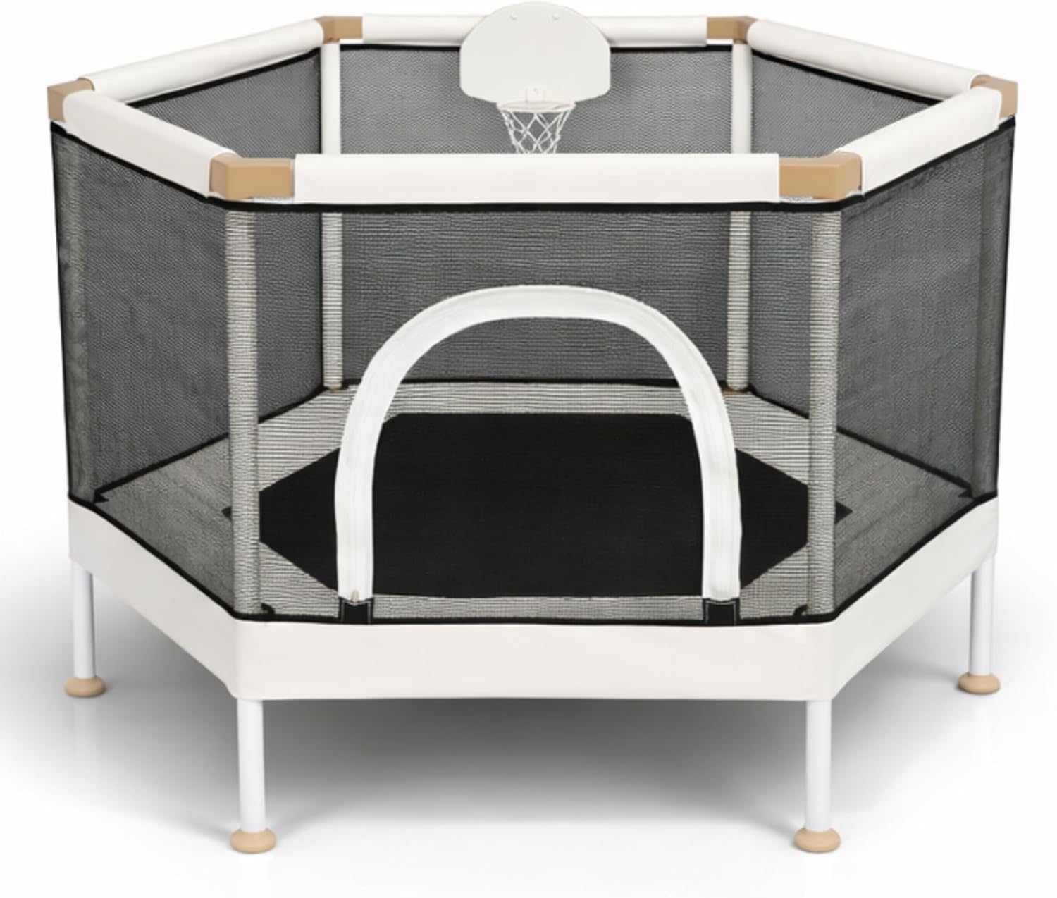 Kids Trampoline, Aesthetic Indoor and Outdoor Toddler Trampoline with Safety Net, Basketball Hoop, 220lb Capacity, Ultra Safe No-Gap Design, Gifts for Boys & Girls