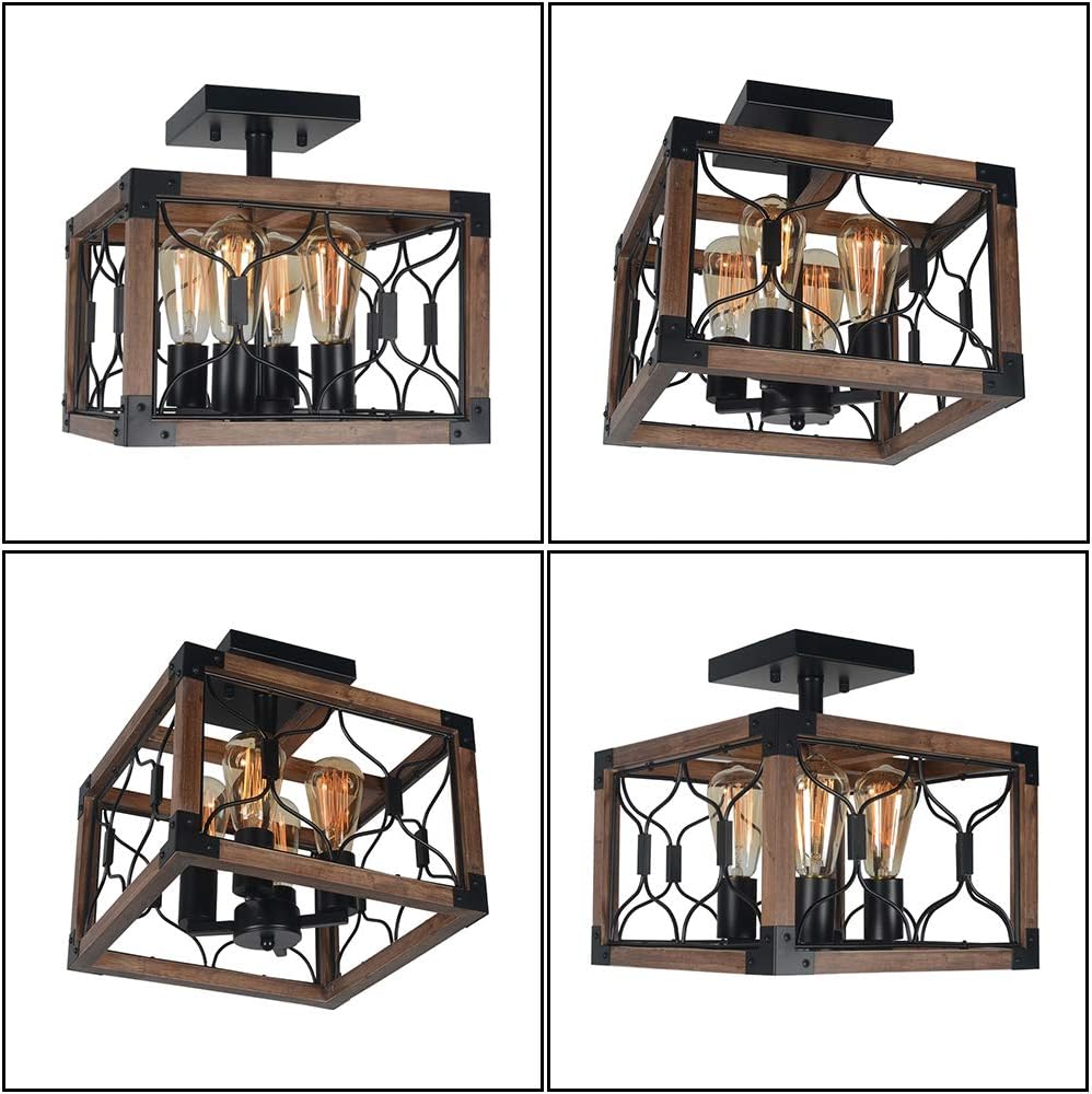 Top Brands Beuhouz Industrial Ceiling Light, Square Rustic Semi Flush Mount Cage Lighting, Black Metal and Wood Farmhouse Ceiling Light Fixture 4 Light Edison E26 8042
