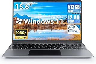 15.6" Laptop - 12GB DDR4, 512GB SSD, Intel Celeron Quad Core Processor, Pre-Install Windows 11, Lightweight Computer with 1080P IPS FHD Display, USB 3.0, Bluetooth 4.2, 2.4/5G WiFi