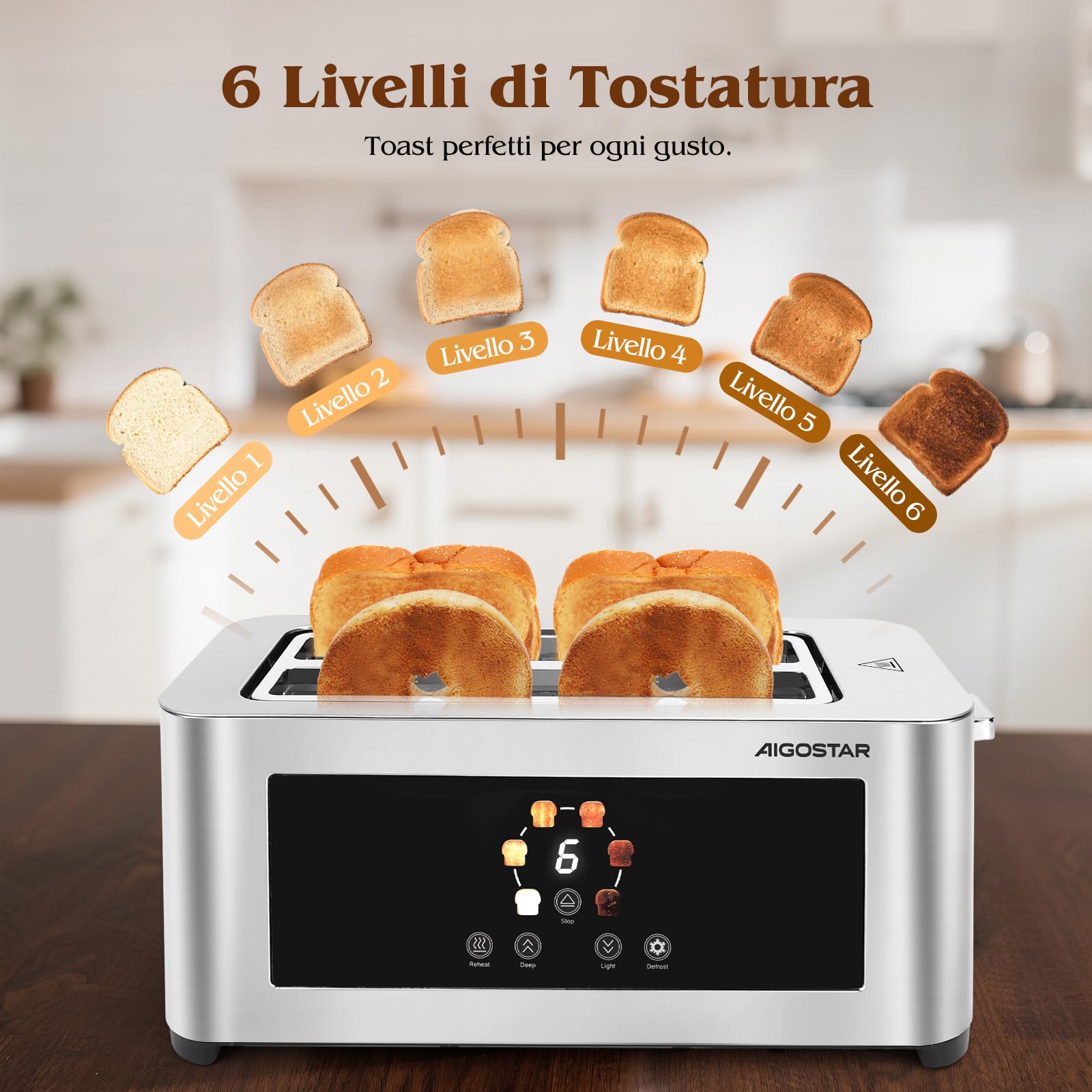 Aigostar Tostapane 4 Fette, LED Touchscreen, Fessure Extra Larghe da 4cm e Centratura Automatica, 6 Livelli di Tostatura, Funzioni Riscaldamento/Scongelamento/Stop, 1400W, Acciaio Inox Spazzolato