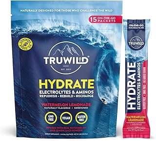 TruWild Natural Hydration Powder Single Serve Zero Sugar - Vegan Electrolytes + Amino Acids - Recovery Drink for Everyday Use â€“ Post Workout Muscle Support Supplement + Magnesium (Watermelon Lemonade)