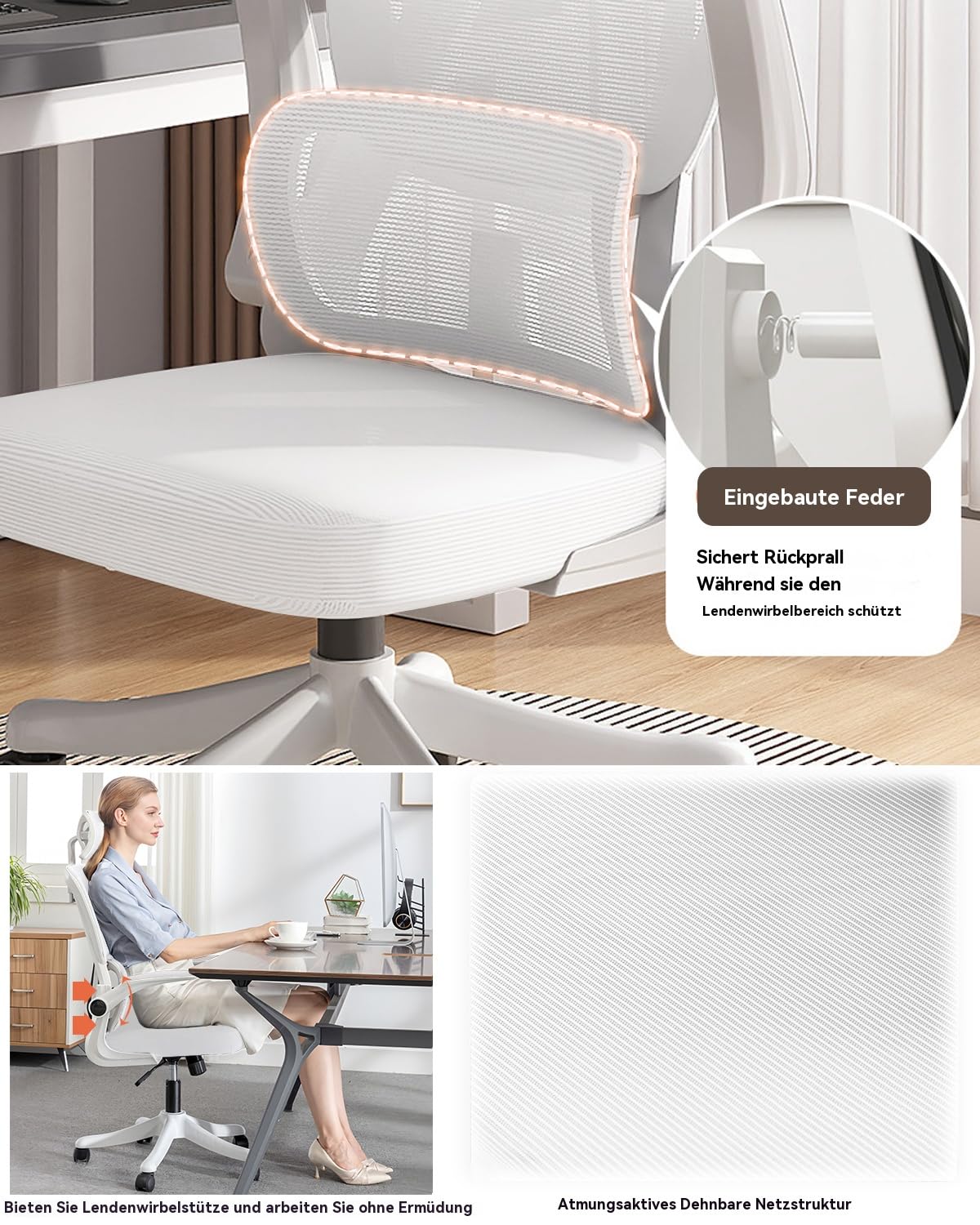 Bürostuhl Mesh Schreibtischstuhl,Ergonomischer Hochrücken-Gaming-Rollstuhl mit Rädern und Verstellbarer Kopfstütze,Komfortable Hochklappbare Armlehnen für Zuhause,Schlafzimmer,Studium(Weiß)