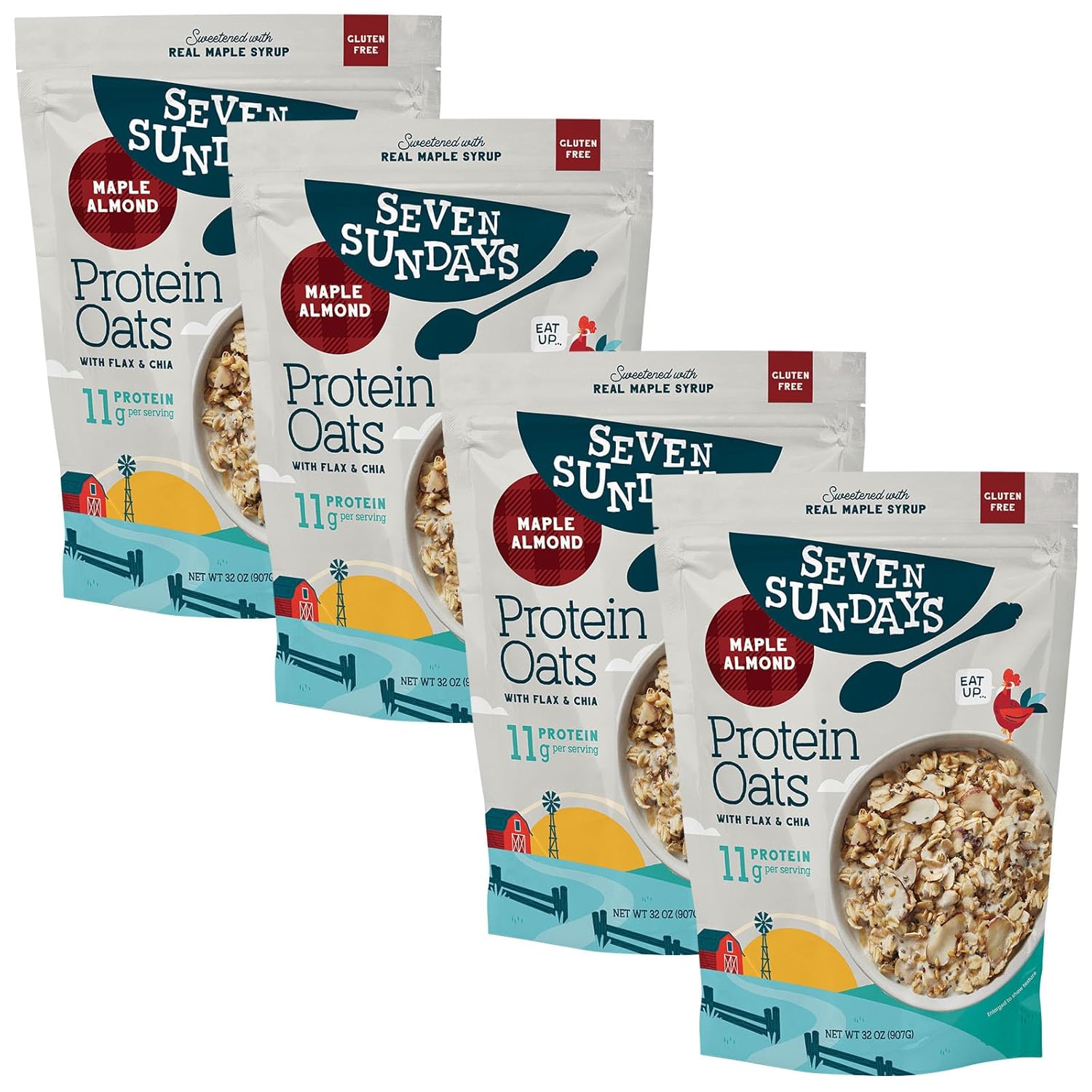 Seven Sundays Protein Oats, Maple Almond, 32 Oz Bag (Pack of 4), Gluten Free, 11g Upcycled Protein, Enjoy Warm, Cool or as Overnight Oats
