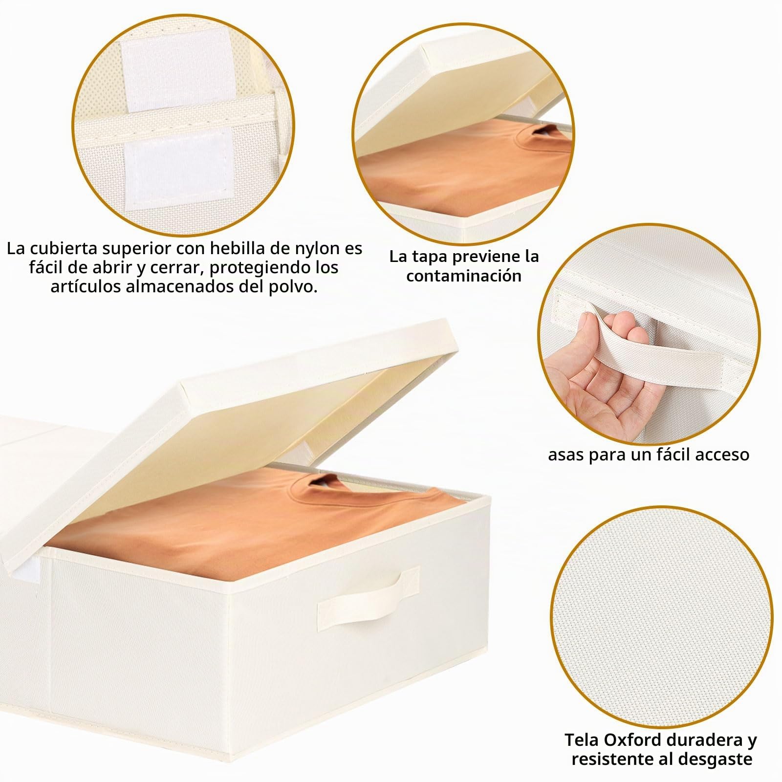 Set de 3 Bolsas Almacenaje Ropa con Tapa,Beige,60×30×15cm | Contenedores de Almacenamiento Tela, Almacenaje Bajo Cama, Cajas Organizadoras para Guardar Mantas, Edredones