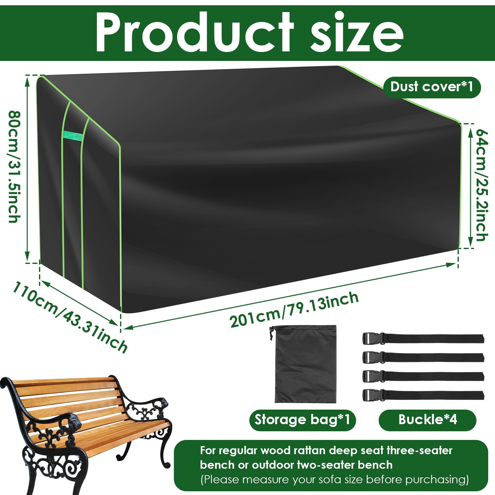 Funda para banco de jardín de 3 plazas, 201 x 110 x 64/80 cm, tela Oxford con cordón, 4 cierres rápidos ajustables, impermeable, funda protectora para sofá de jardín, bancos exteriores