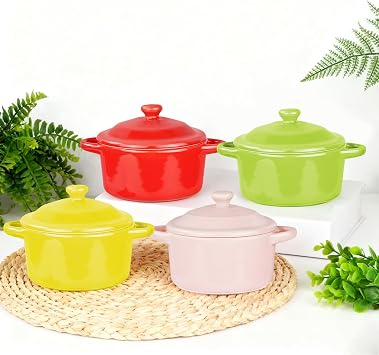 Set of 4 Small Casserole Dish with Lid,7 oz Ramekins Serving Dishes with Lids,Ceramic Bowl Soup Bowls,Creme Brulee Ramekins Oven Dish with Handles for Souffle,Quiche,Creme Brulee,Tarts,Pasta
