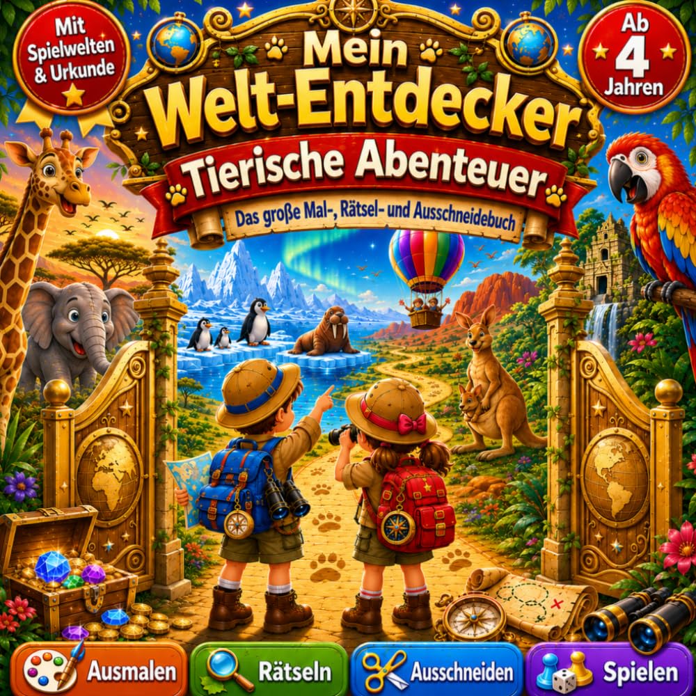 Mein Welt-Entdecker – Tierische Abenteuer: Das große Mal-, Rätsel-, Ausschneide- und Spielbuch für Kinder ab 4 Jahren – Mit Spielwelten, Urkunde und Tieren aus aller Welt