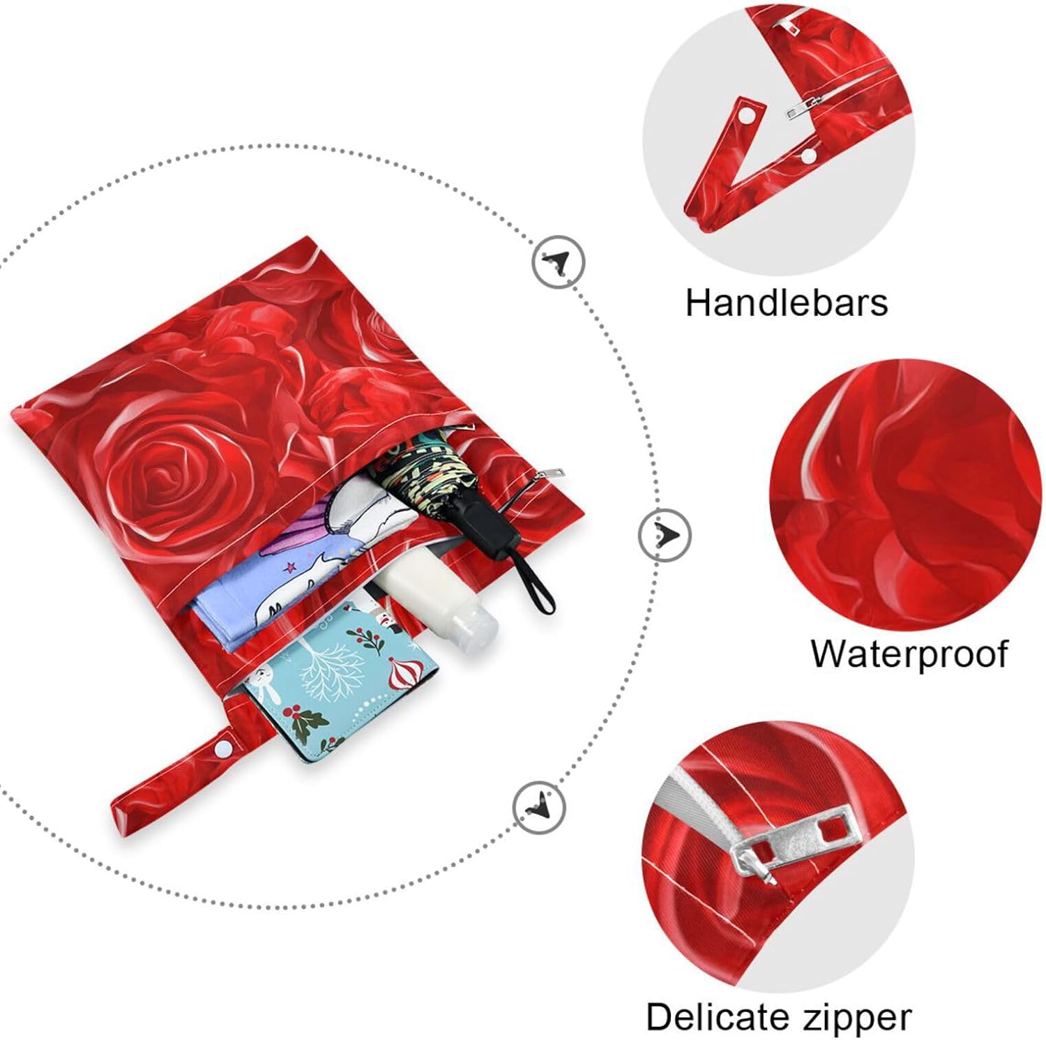 Romantic Valentine Red Roses mess-proof wet clothes bag 2 Pack diaper bag essential items with handles for travel, beach