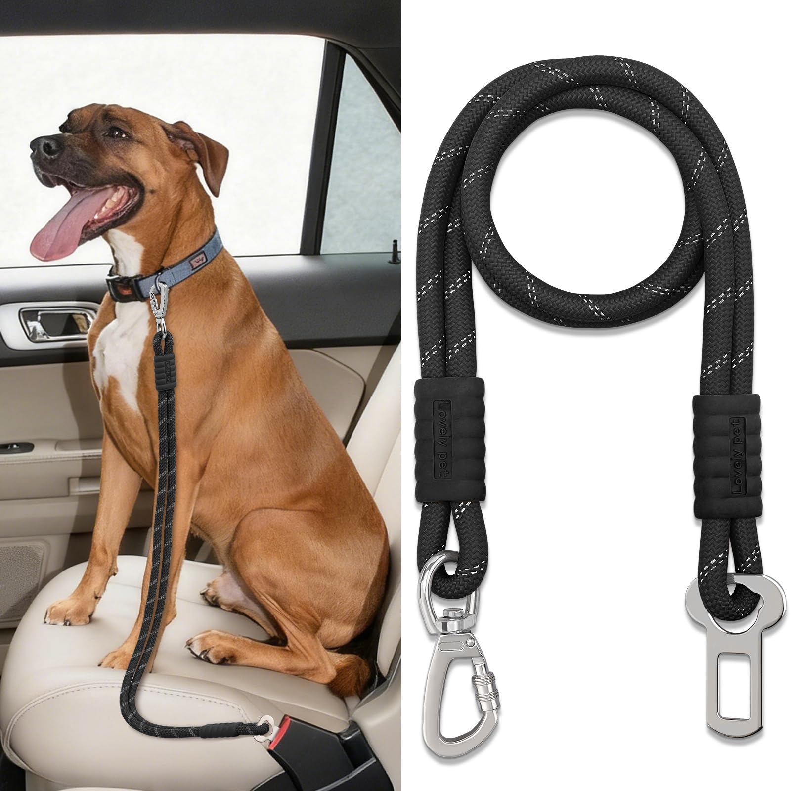 Pawaboo Dog Seatbelt for Car, Reflective Rope Dog Dog Car Seat Belt Bungee, Pet Tether Safety Restraint with Heavy Duty Buckle, Dogs Cars Harness Leash with 360&deg; Lockable Buckle, Black