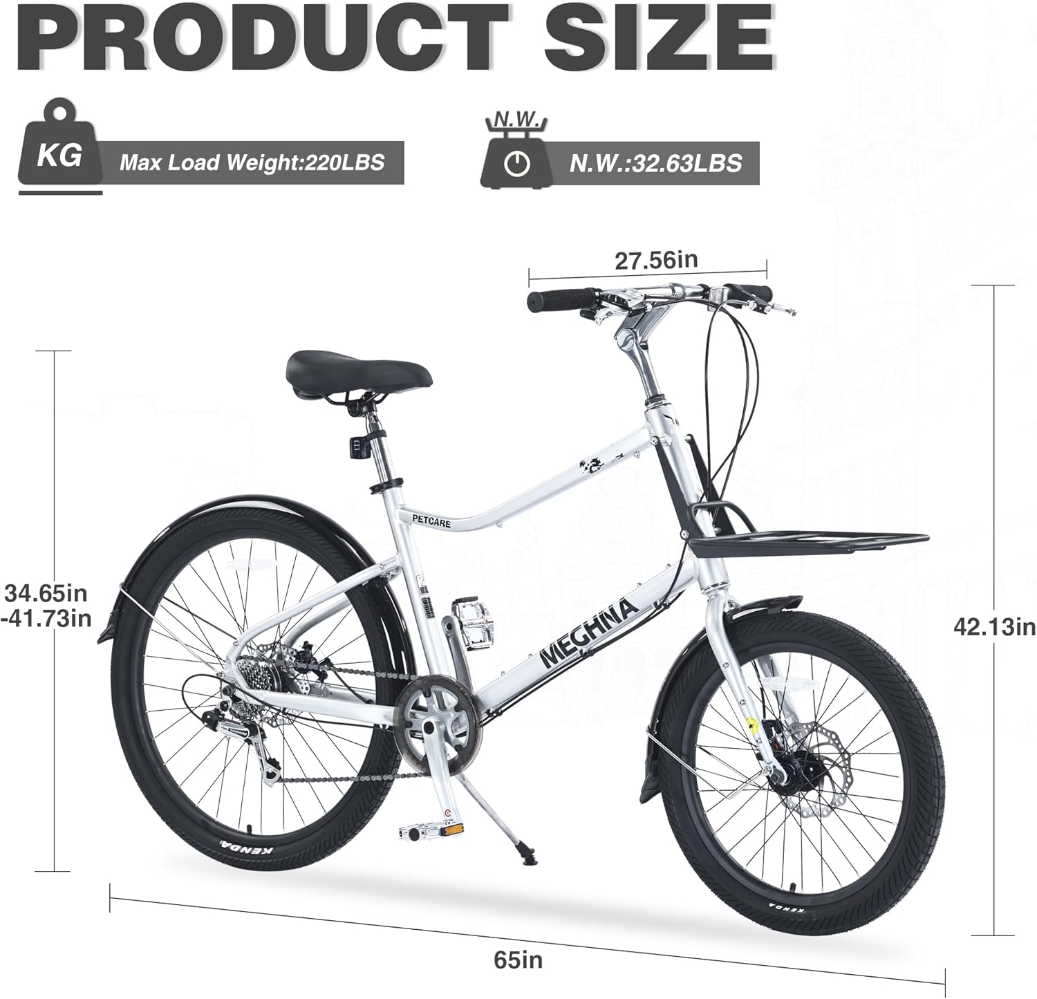 Front 20" & Rear 26" City Hybrid Bike Cruiser Bicycle Mountain Bike with Shiman o 7-Speed Shifter, Double Disc Brakes & Adjustable Stem & Adjustable Leather Saddle, Steel Front Rack, 3 Colors